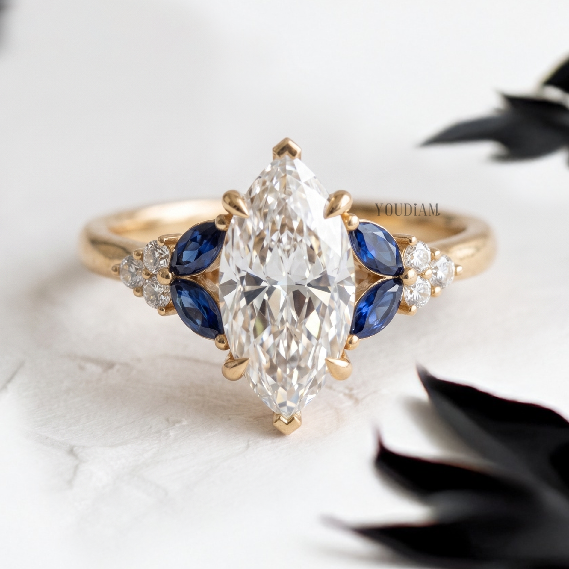 Marquise Lab Diamond with Blue Marquise in Side and Accented Diamonds - YDCJR03