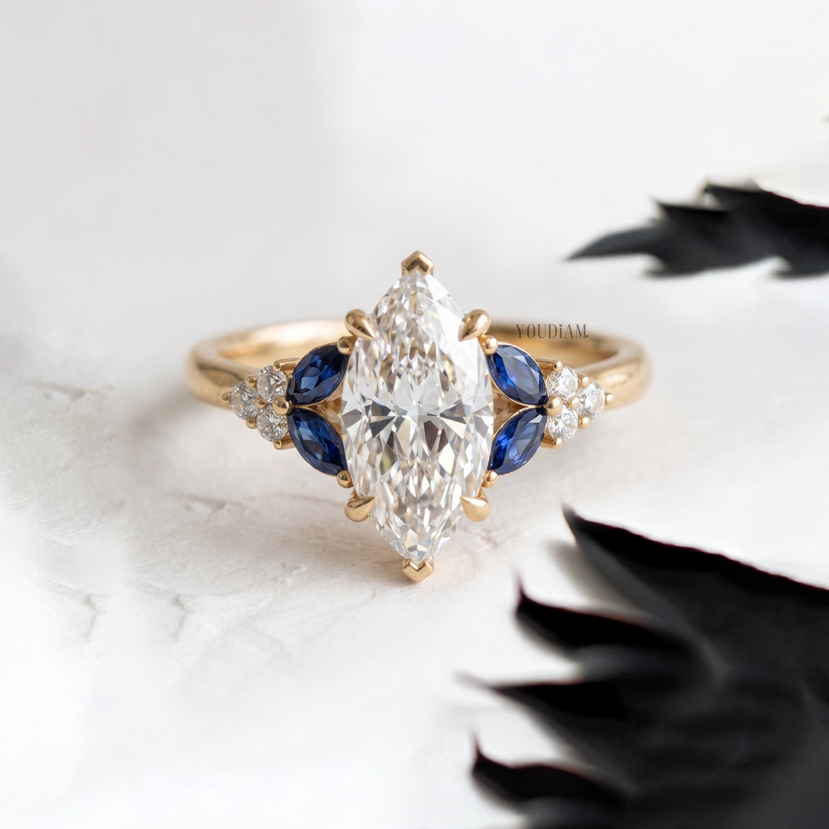 Marquise Lab Diamond with Blue Marquise in Side and Accented Diamonds - YDCJR03