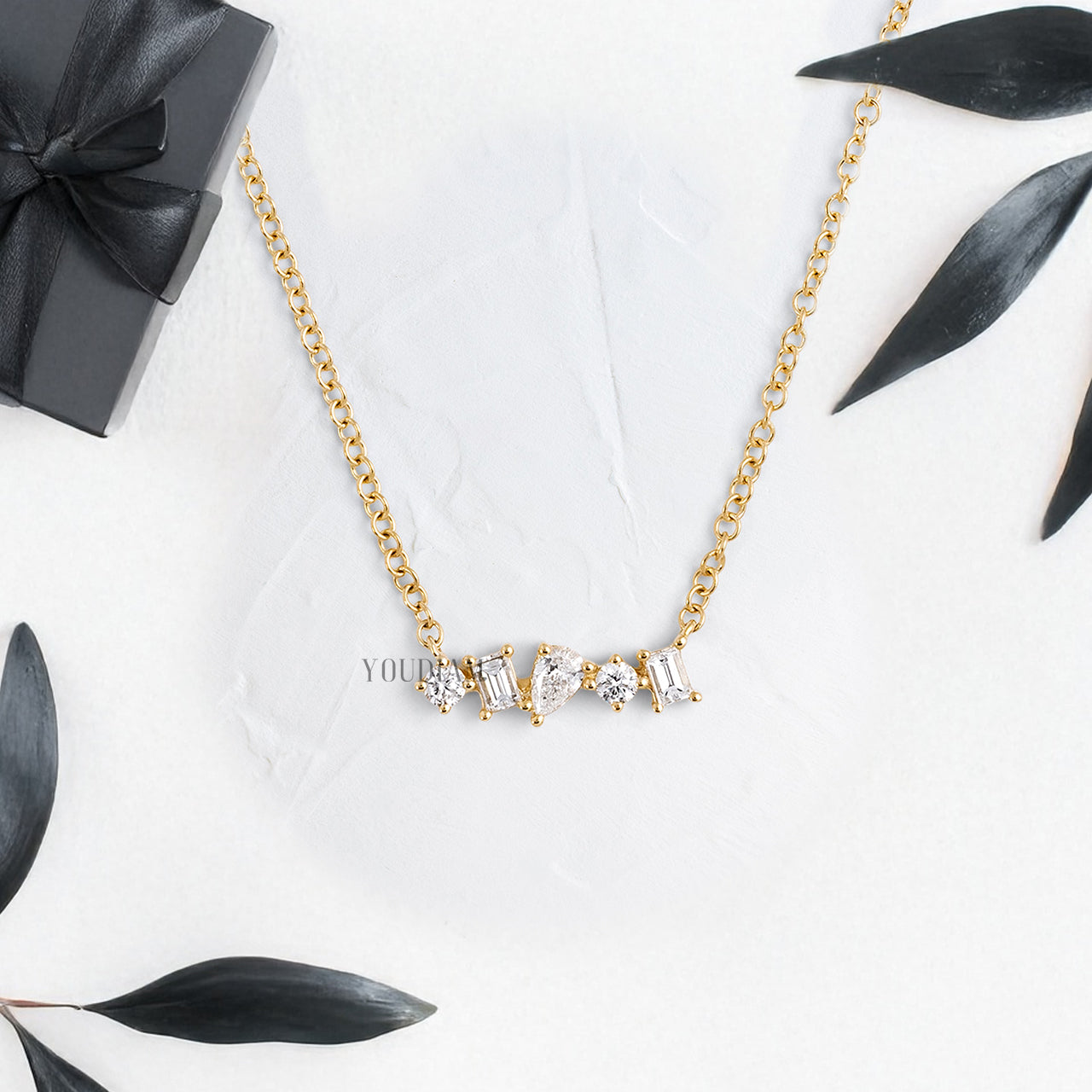 Mix Cut Lab Diamonds in Mini Bar Pendant and Anchor Chain - YDJLP63
