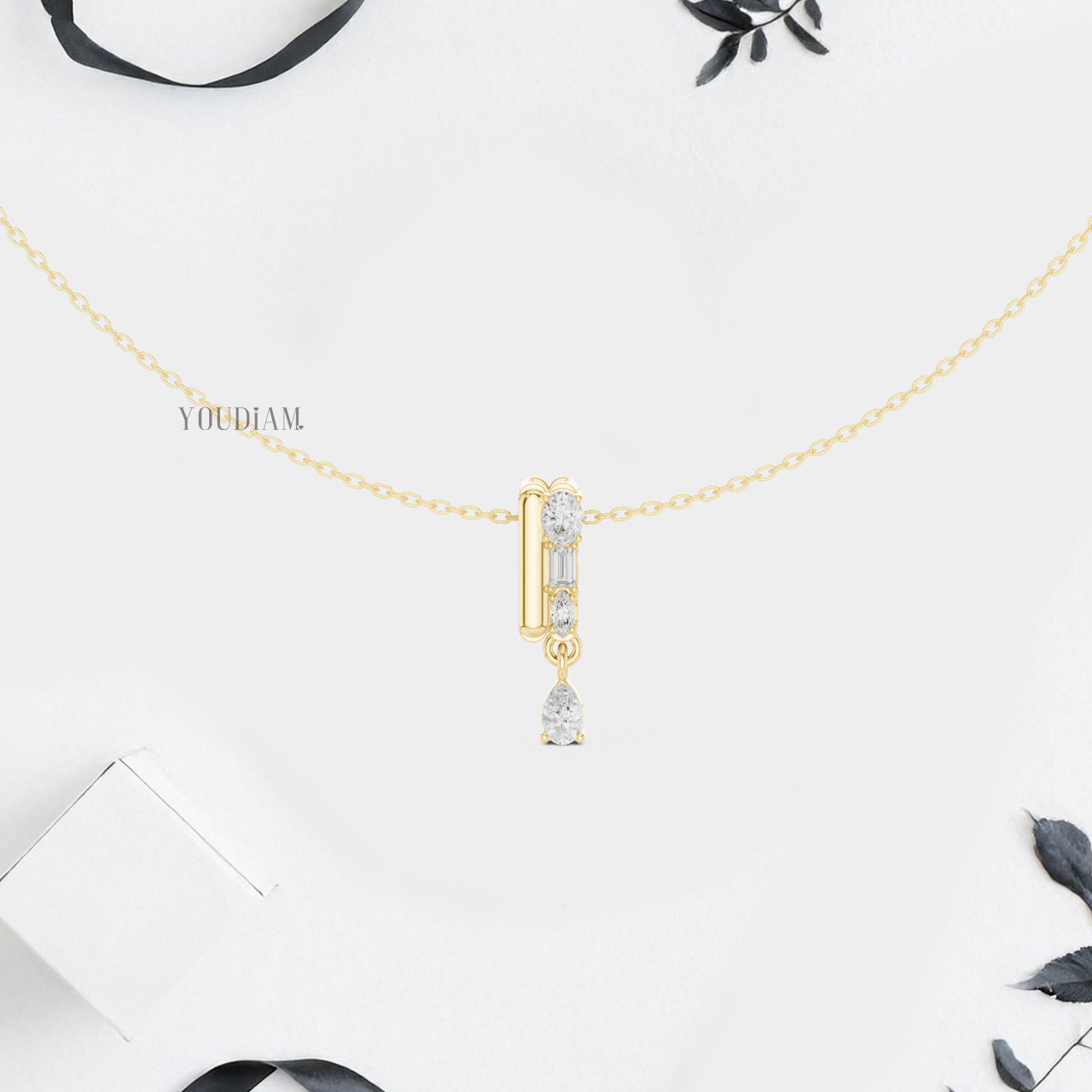 Mixed-Cut Diamond Vertical Bar Pendant with Pear Drop and Anchor Chain in Solid Gold - YDJLN06