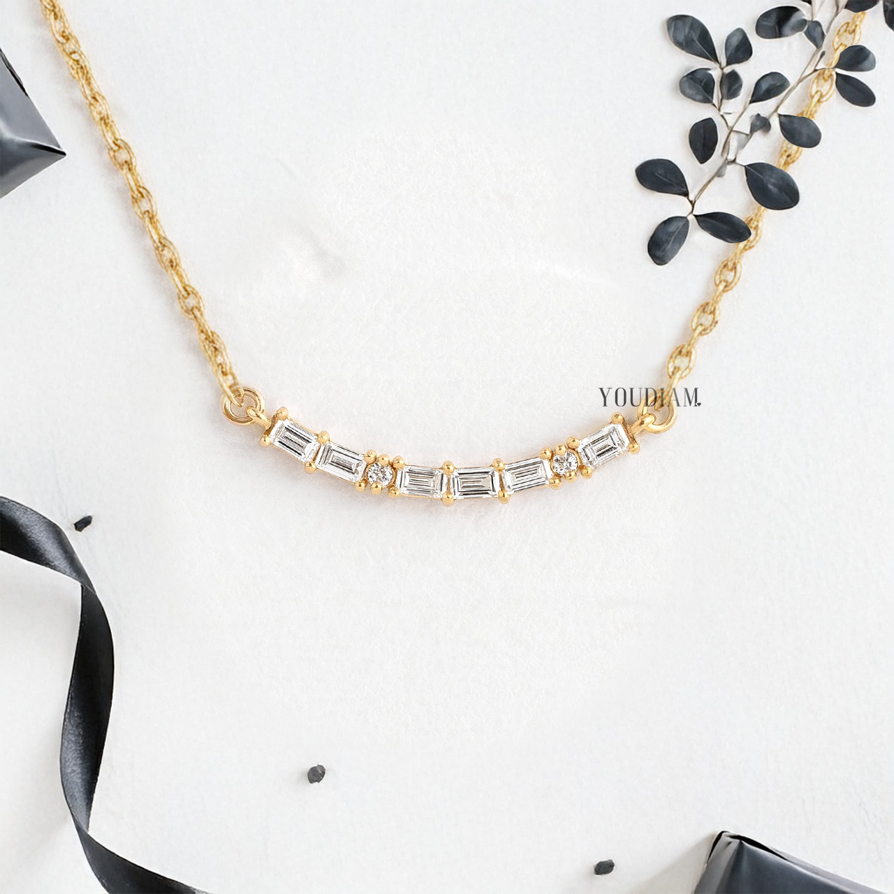 Mix of Six Baguette and Two Round Lab Diamonds Pendant and Anchor Chain - YDJLP02