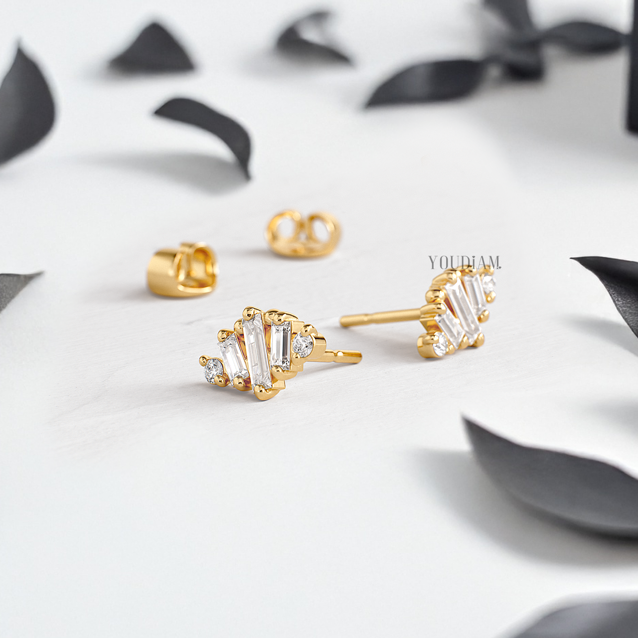 Mix of Tiny Round and Baguette Lab Diamonds Studs Earrings - YDJLE13