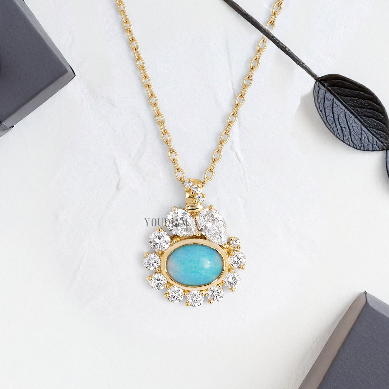 Oval Cut Opal Pendant with Halo of Pear and Round Lab Diamonds and Anchor Chain - YDJLP58