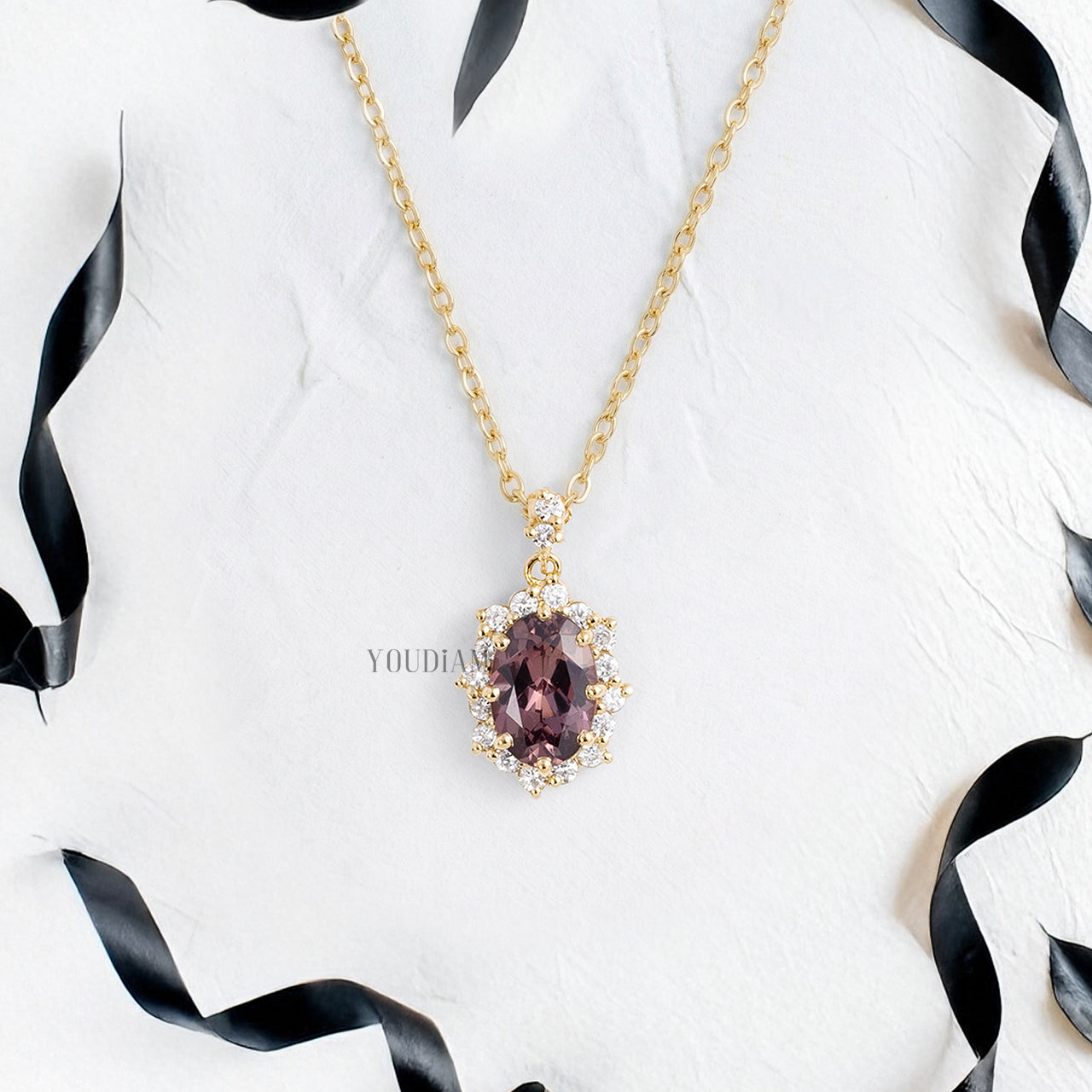 Oval Cut Reddish-Brown Sapphire Pendant Accented by Halo of Lab Diamonds and Anchor Chain - YDJLP24