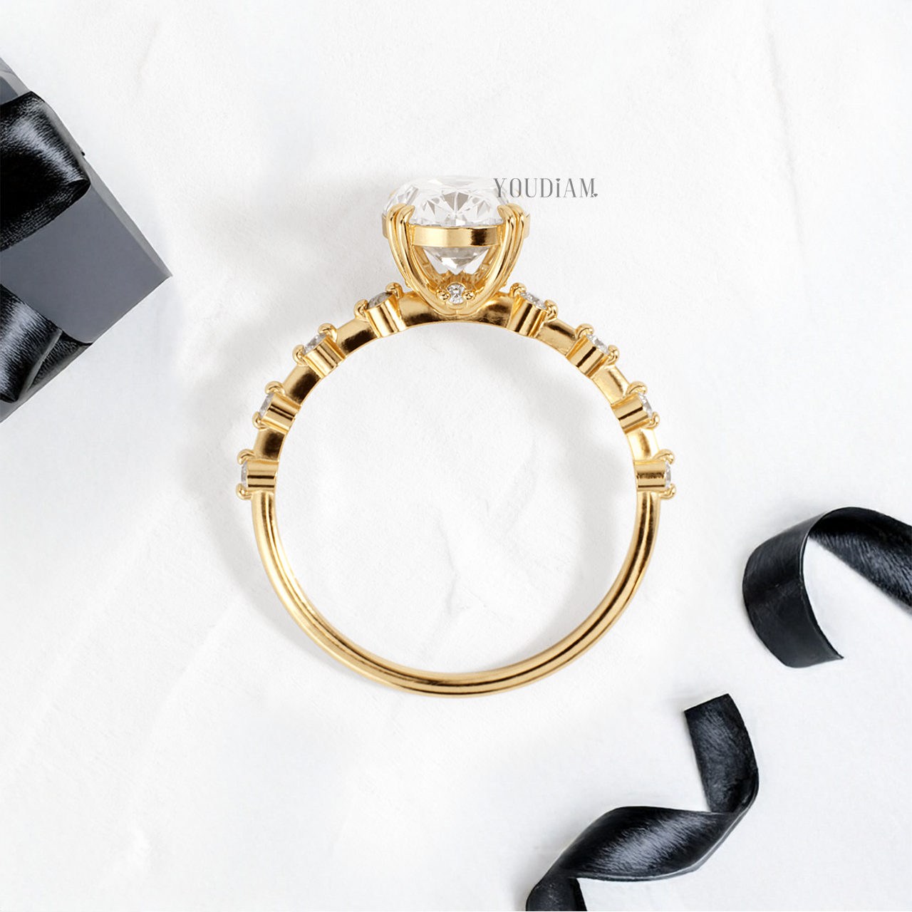Oval Lab Diamond in Double-Prongs and Distance Diamonds on Band Ring - YDJLR148