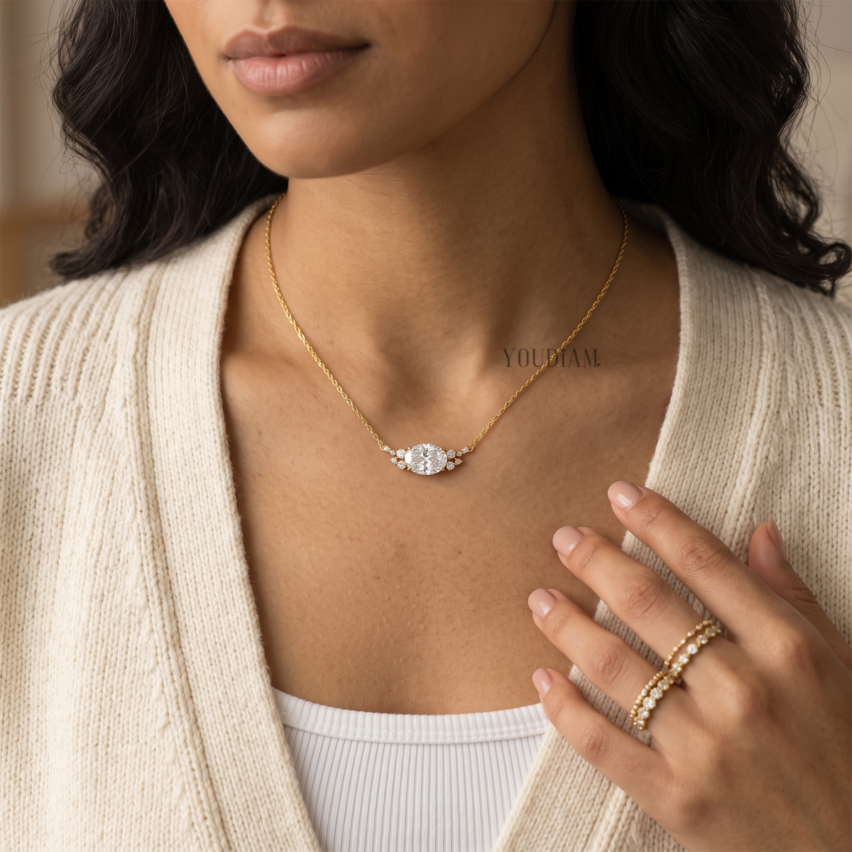 Oval Lab Diamond Pendant with Accent Diamonds Both Side and Anchor Chain - YDJLP11
