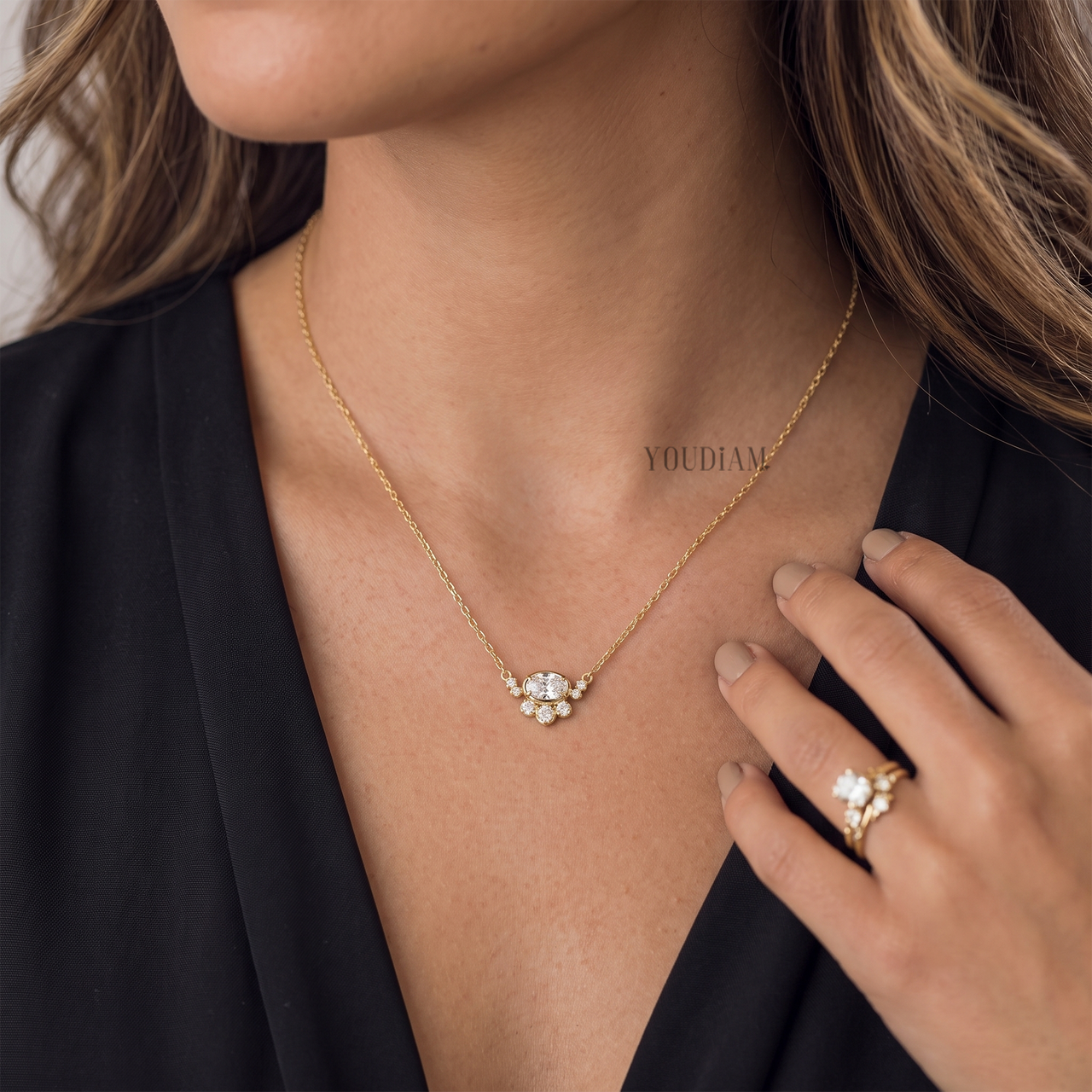 Oval Lab Diamond Pendant with Accented Round Diamonds and Anchor Chain - YDJLP09