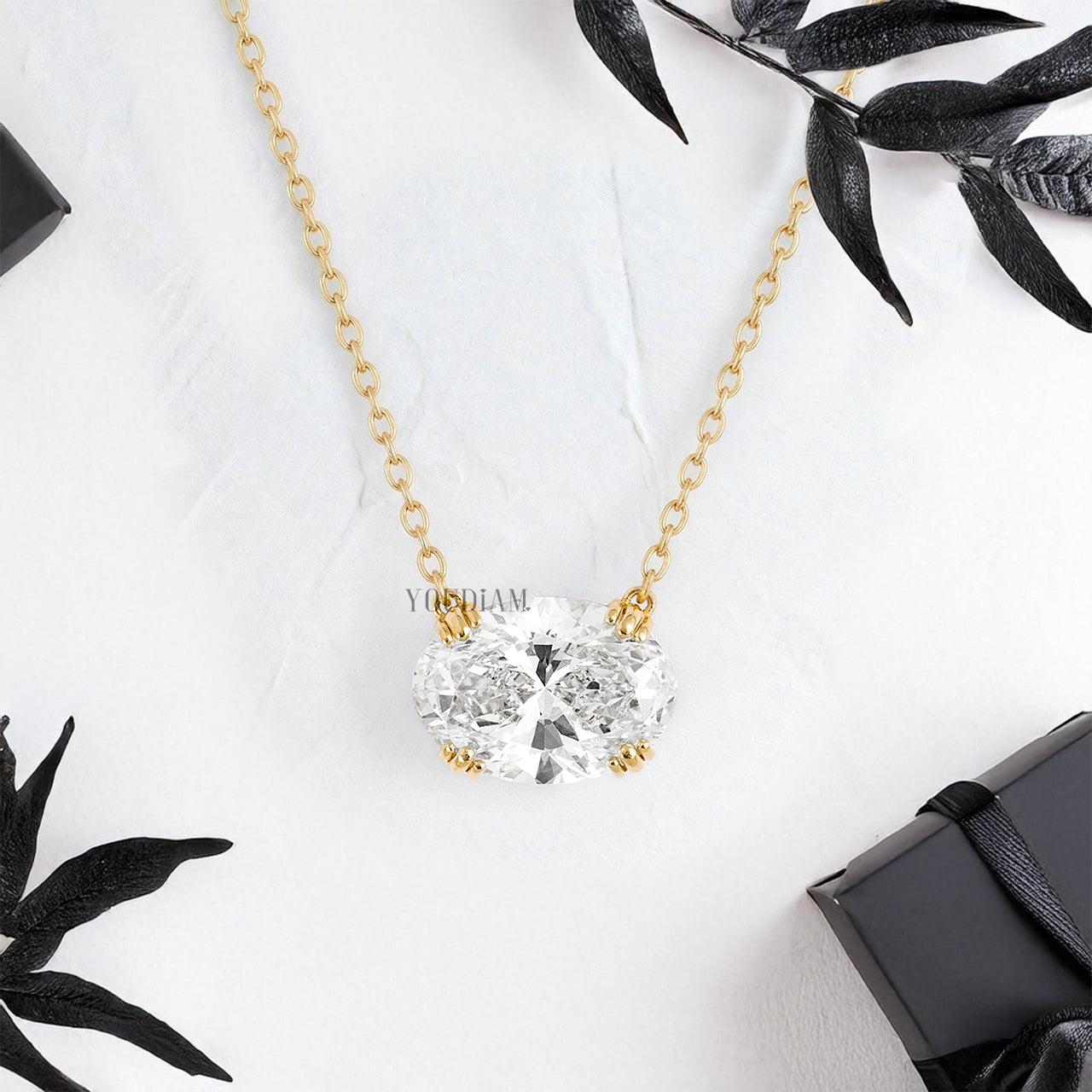 Oval Lab Diamond Solitaire Pendant in Trio Prongs and Anchor Chain - YDJLP46