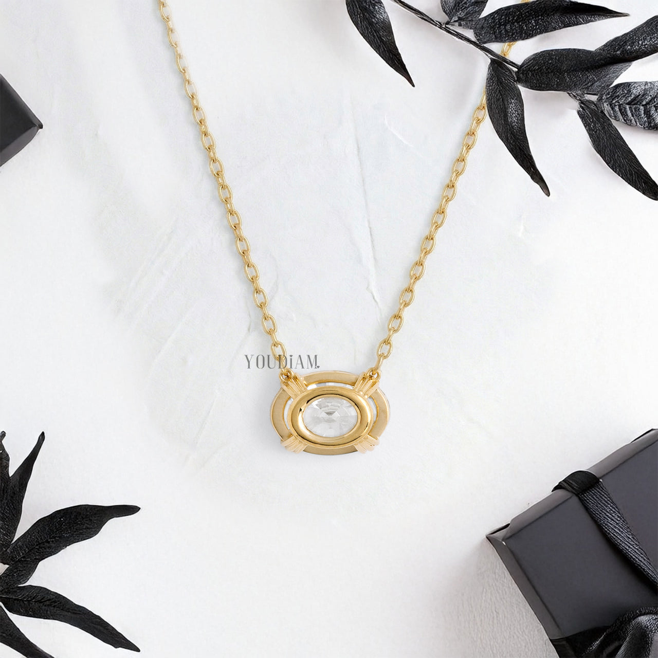 Oval Lab Diamond Solitaire Pendant in Trio Prongs and Anchor Chain - YDJLP46