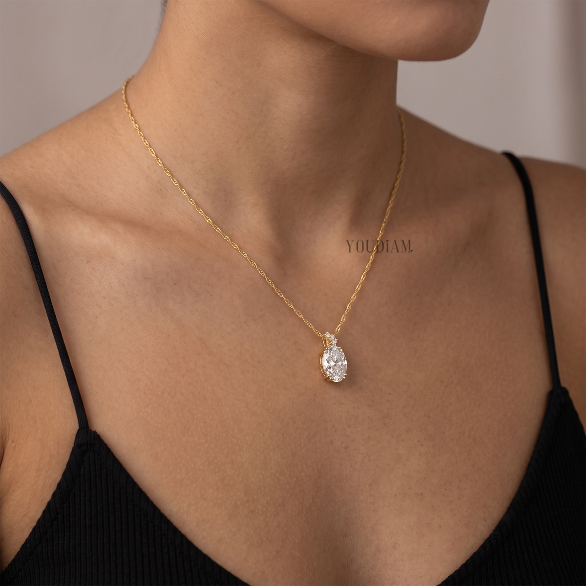 Oval Lab Diamond Solitaire Pendant with Tiny Diamonds on Loop and Anchor Chain - YDJLP03
