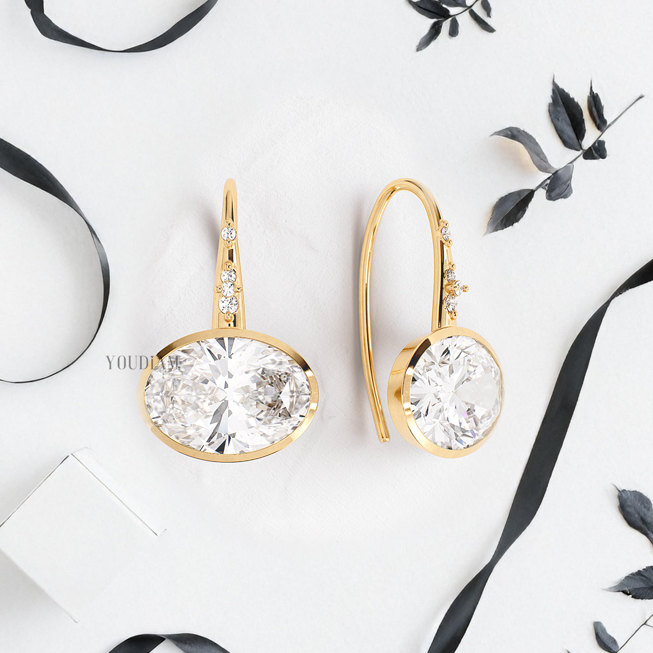 Oval Lab Diamond Stud Earrings in Bezel Setting with Hooks - YDJLE46