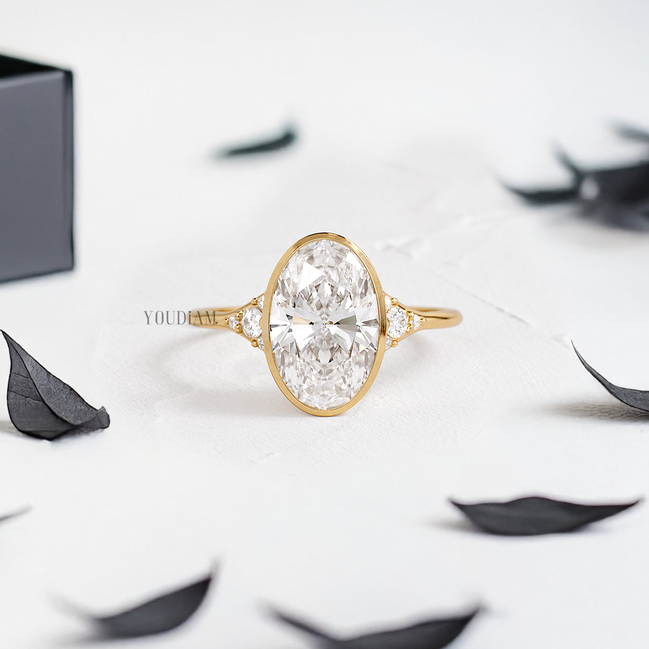 Oval Lab Diamond in Bezel Setting with Accented Diamonds on Band Ring - YDJLR194