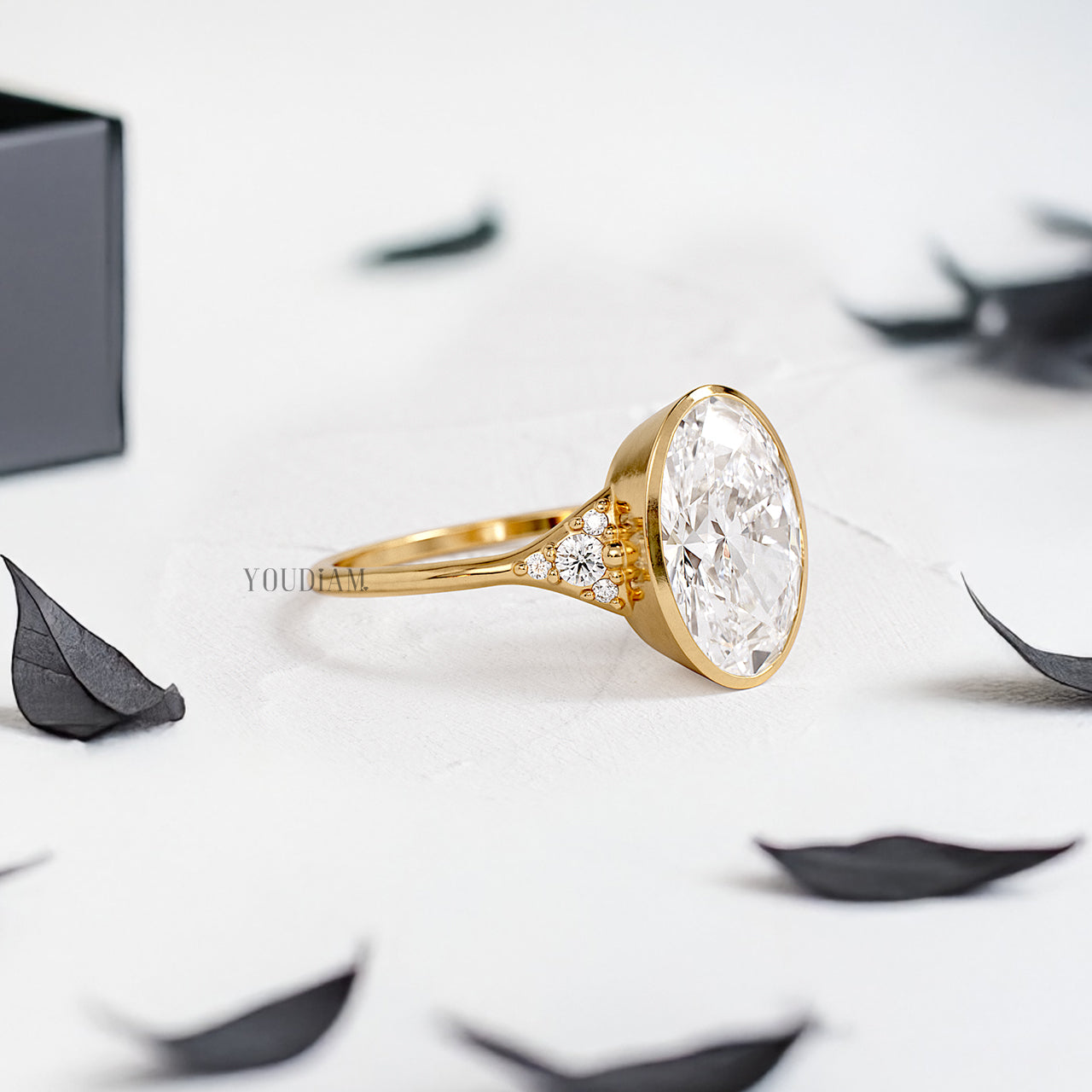 Oval Lab Diamond in Bezel Setting with Accented Diamonds on Band Ring - YDJLR194