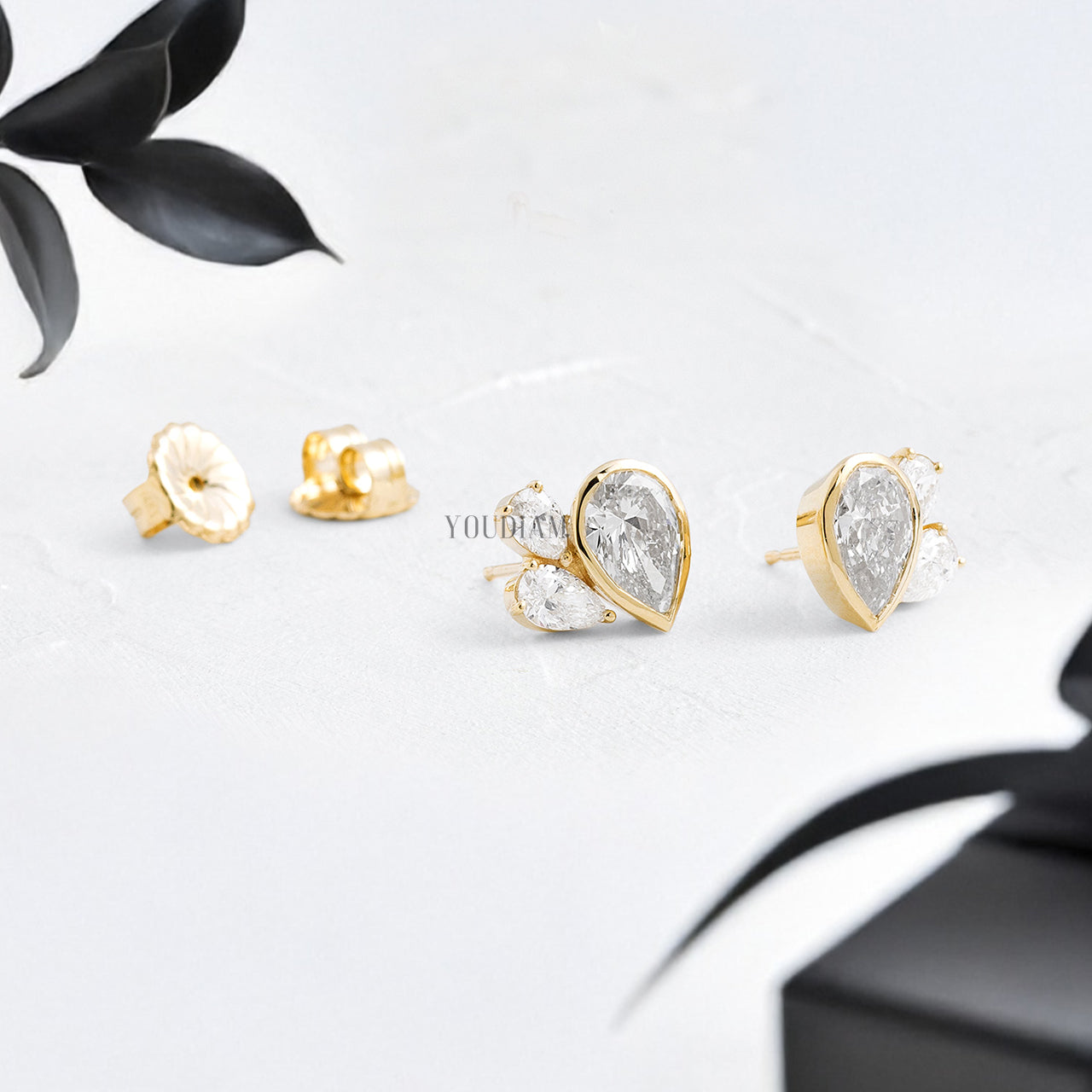 Pear Cut Lab Diamond Studs with Two Accented Pear Diamonds - YDJLE60