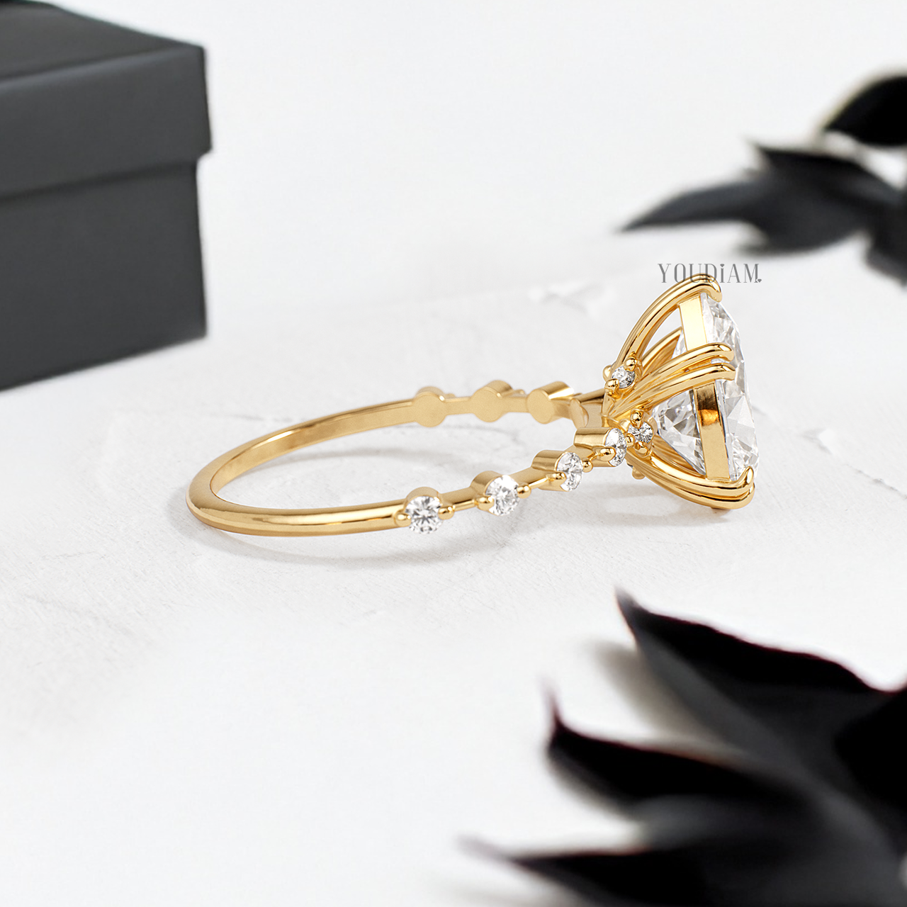 Pear Lab Diamond in Double-Prongs and Distance Diamonds on Band Ring - YDJLR149
