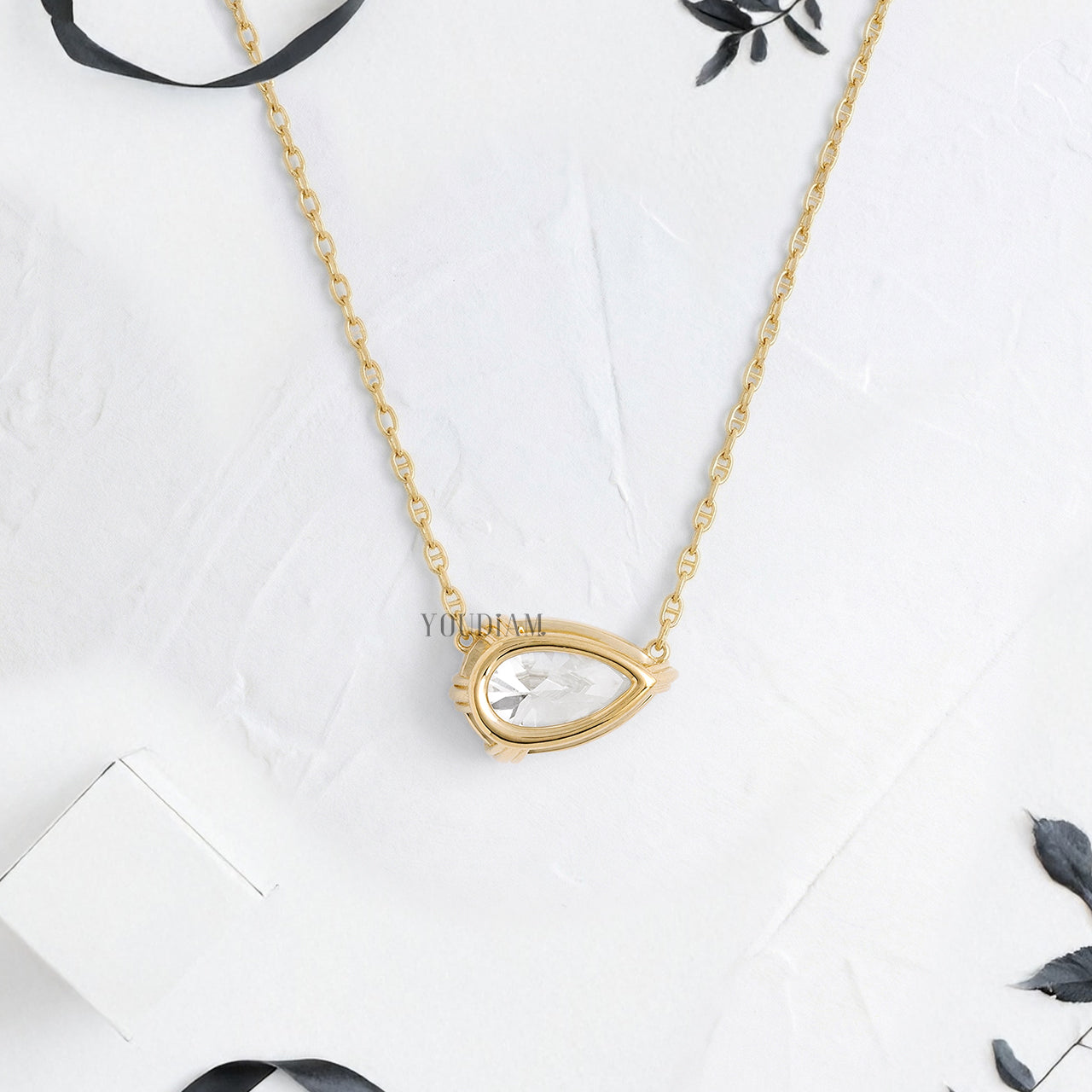 Pear Lab Diamond Solitaire Pendant in Trio Prongs and Anchor Chain - YDJLP45