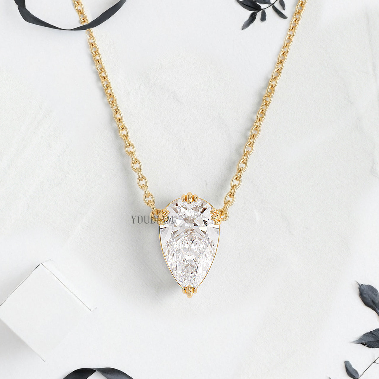 Pear Lab Diamond Solitaire Pendant in Trio Prongs and Anchor Chain - YDJLP45