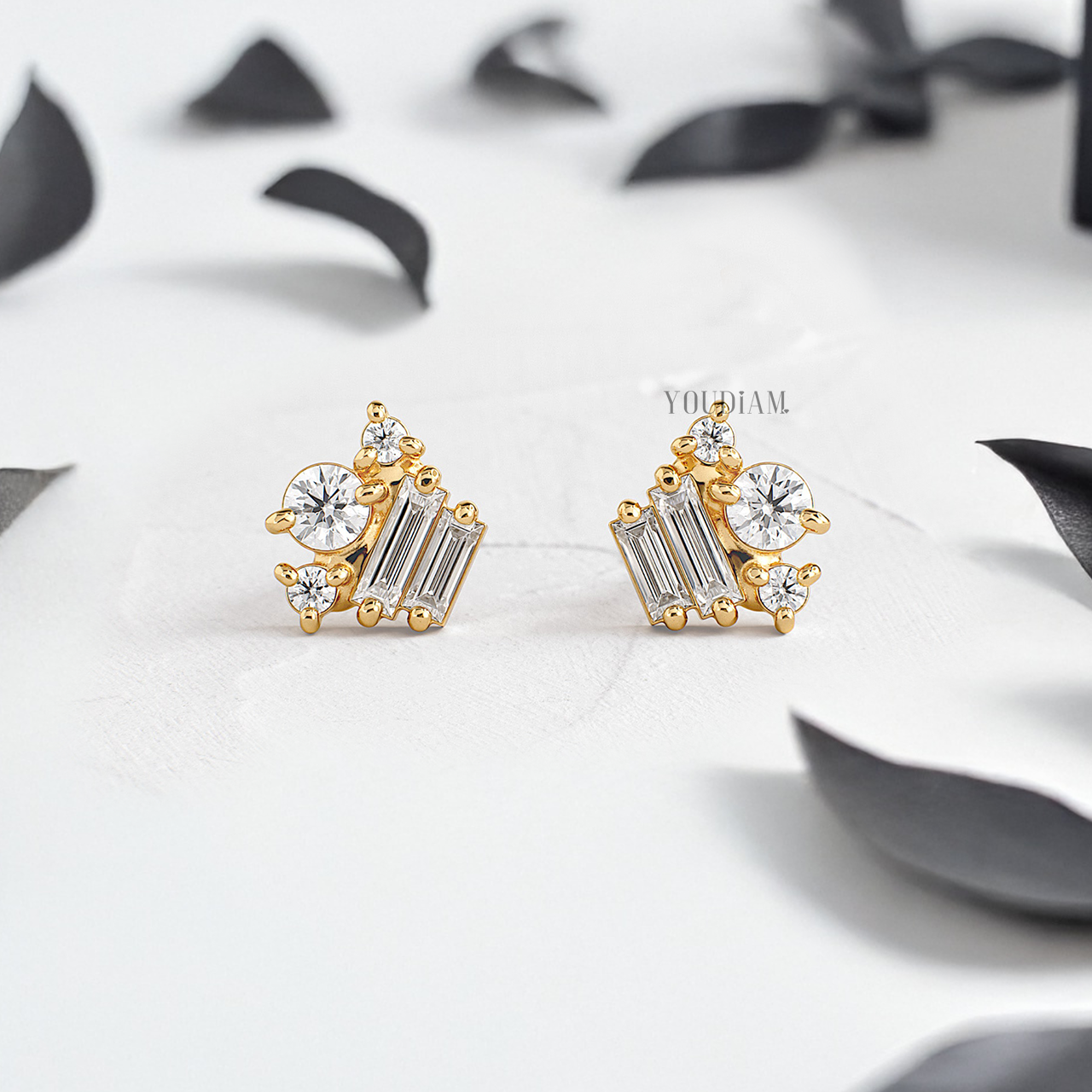 Pentad with Round and Baguette Lab Diamonds Studs Earrings - YDJLE14