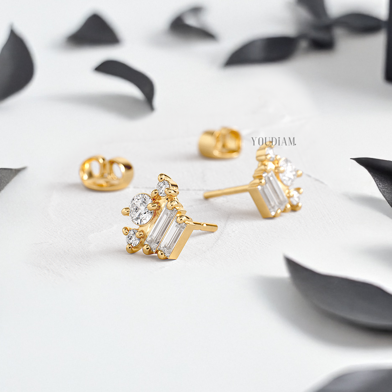 Pentad with Round and Baguette Lab Diamonds Studs Earrings - YDJLE14