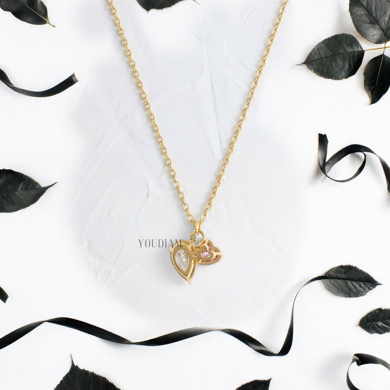 Pink Heart and Pear Cut Lab Diamonds Pendant with Accent Diamonds and Anchor Chain - YDJLP21