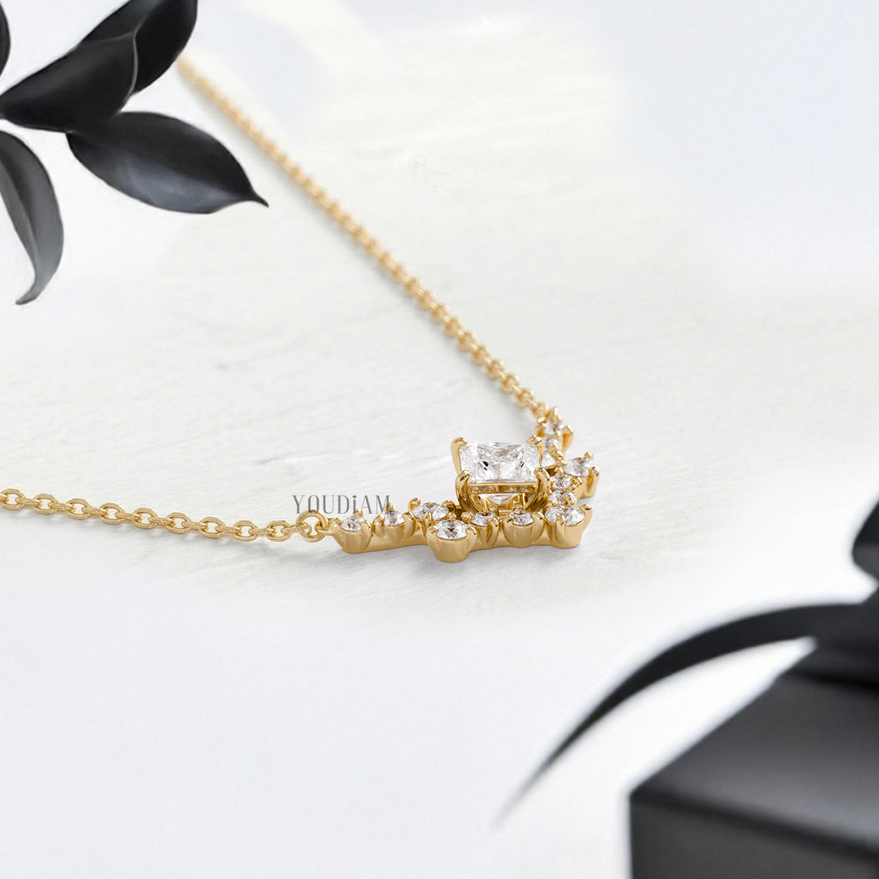Princess Cut Lab Diamond Pendant with Accented Diamonds and Anchor Chain - YDJLP72