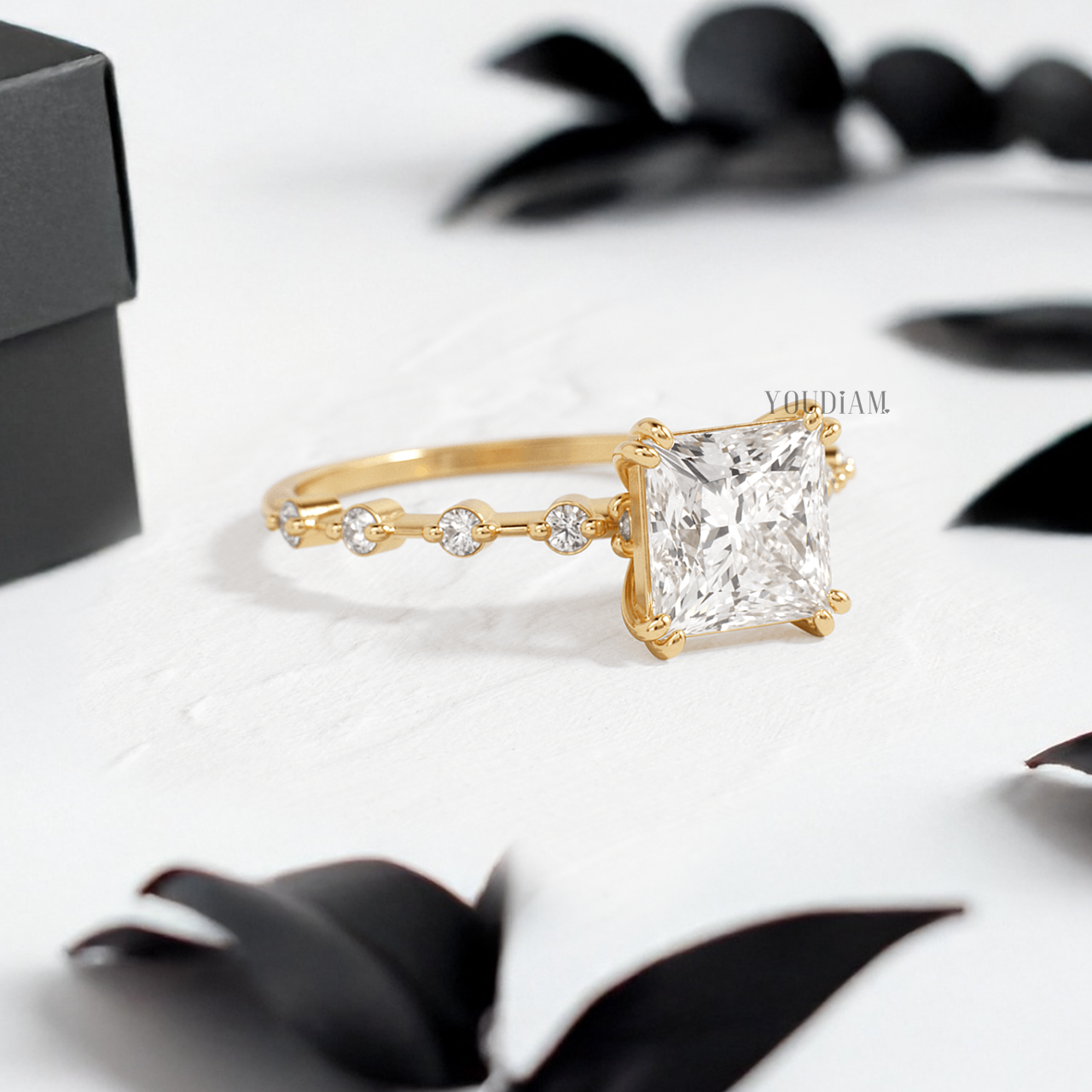 Princess Lab Diamond in Double-Prongs and Distance Diamonds on Band Ring - YDJLR147
