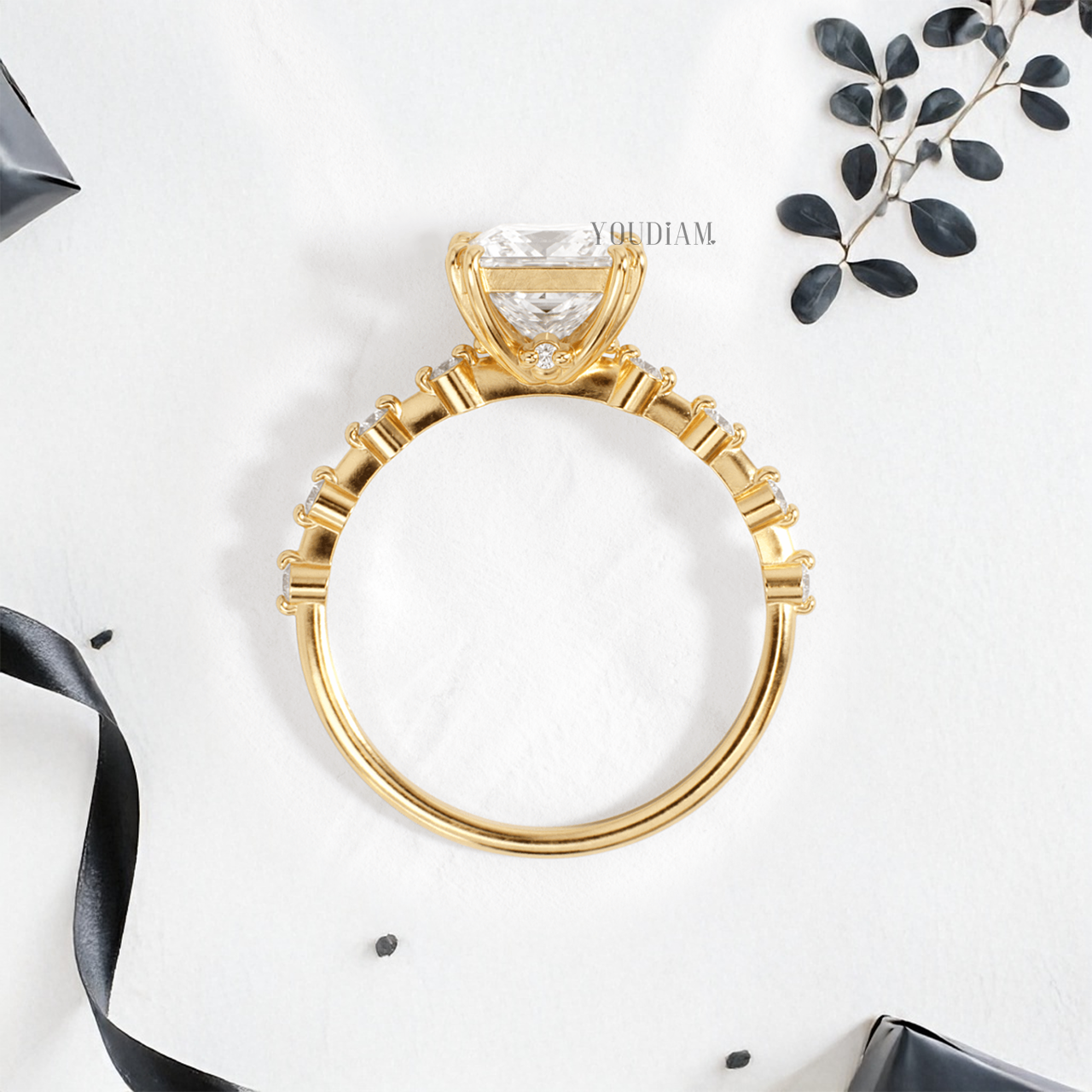 Princess Lab Diamond in Double-Prongs and Distance Diamonds on Band Ring - YDJLR147