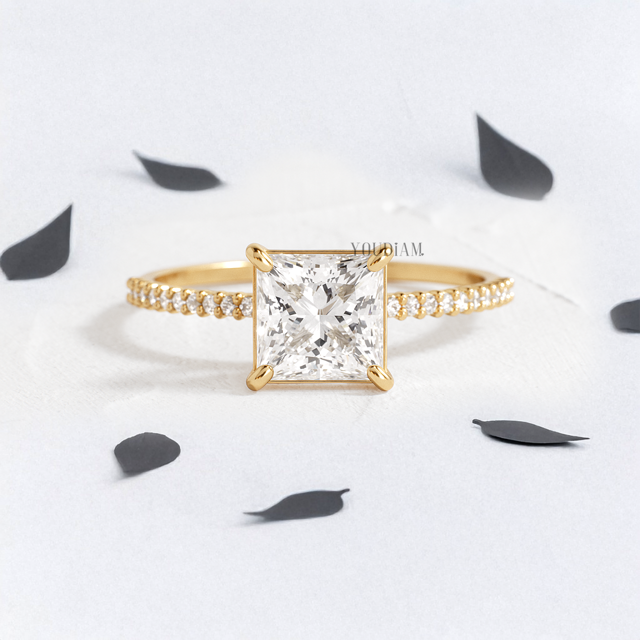 Princess Lab Diamond with Pave Band Ring - YDJLR130