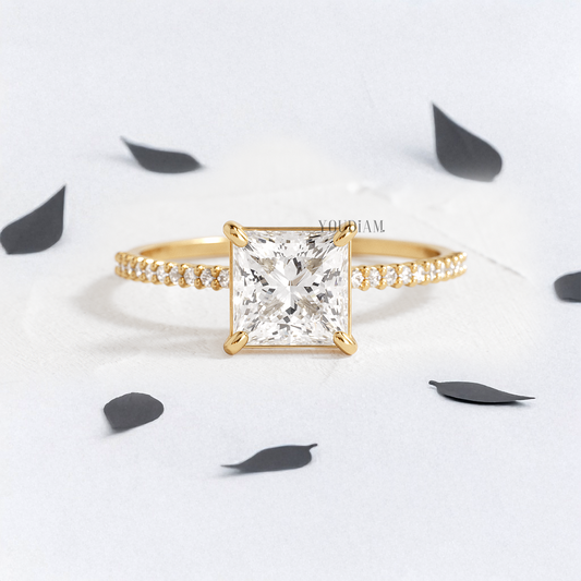 Princess Lab Diamond with Pave Band Ring - YDJLR130