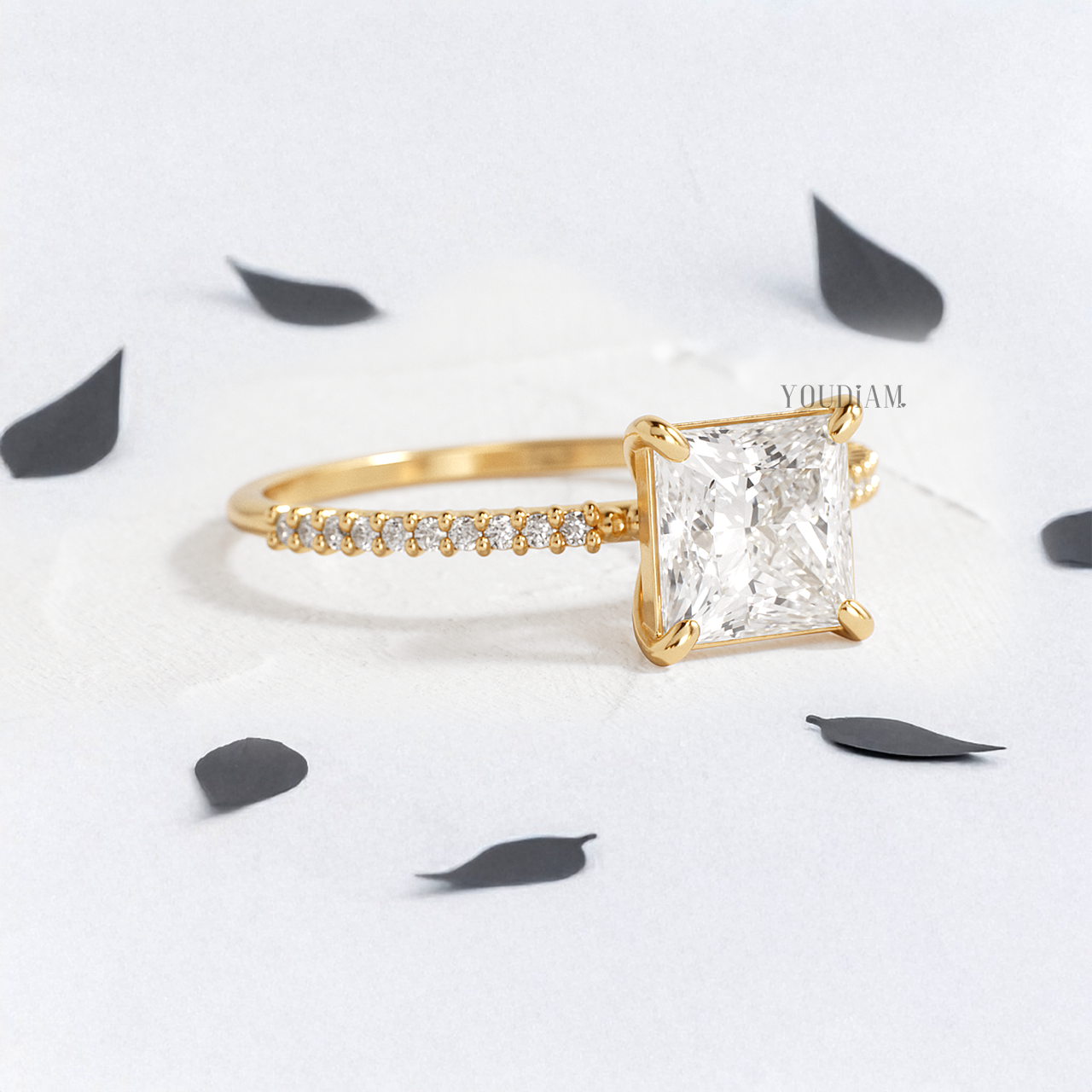 Princess Lab Diamond with Pave Band Ring - YDJLR130