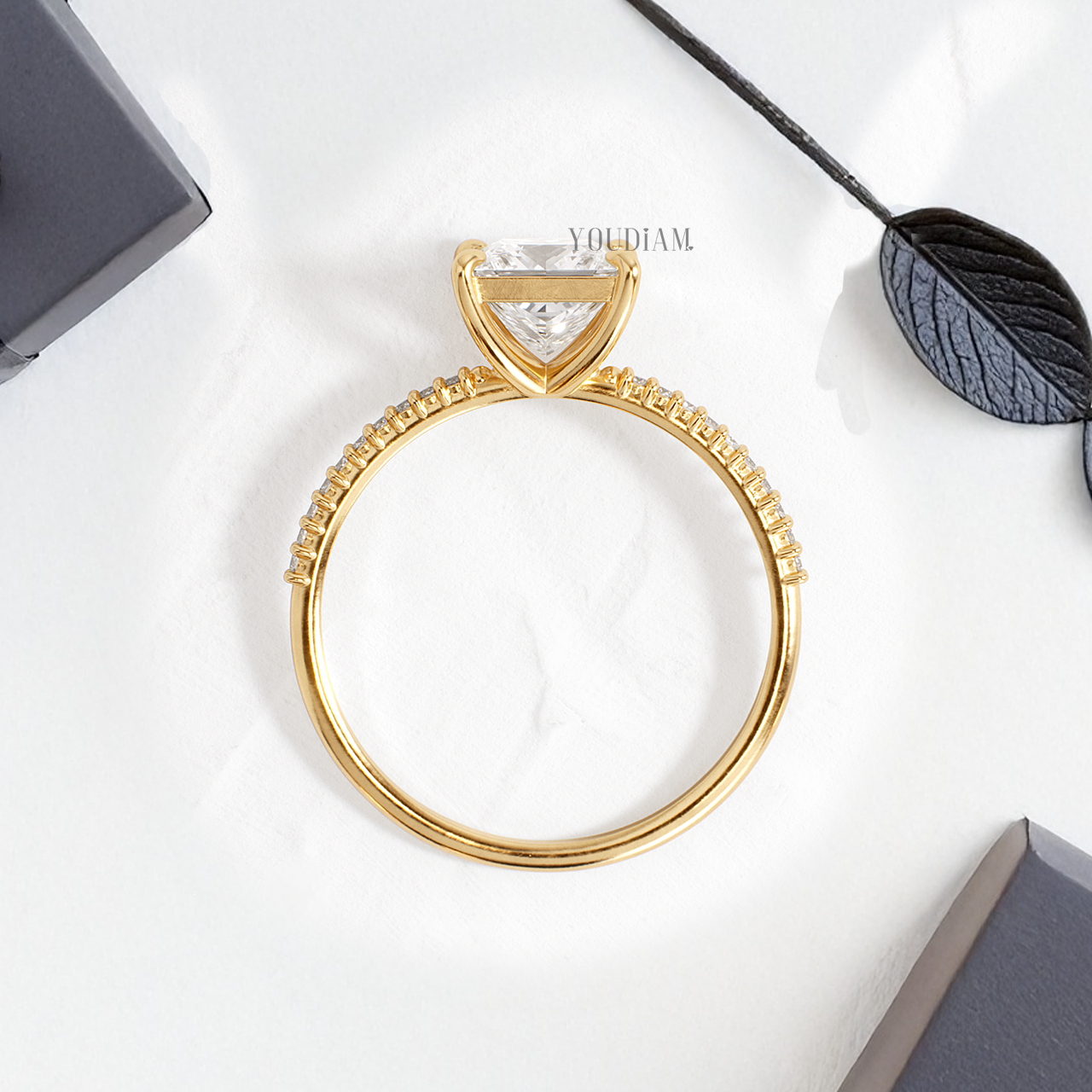 Princess Lab Diamond with Pave Band Ring - YDJLR130