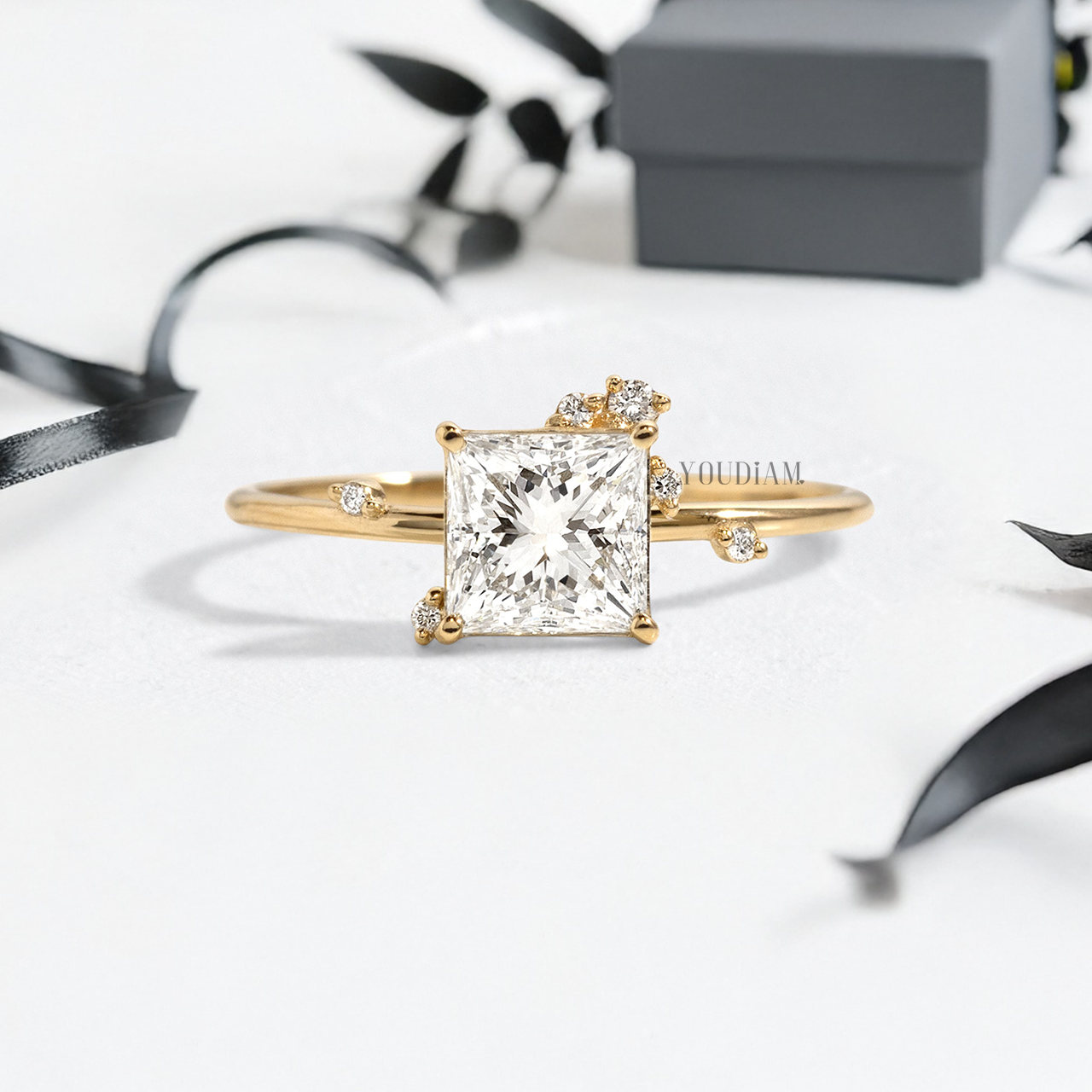 Princess Lab Diamond with Scattered Accent Diamonds Ring - YDJLR116