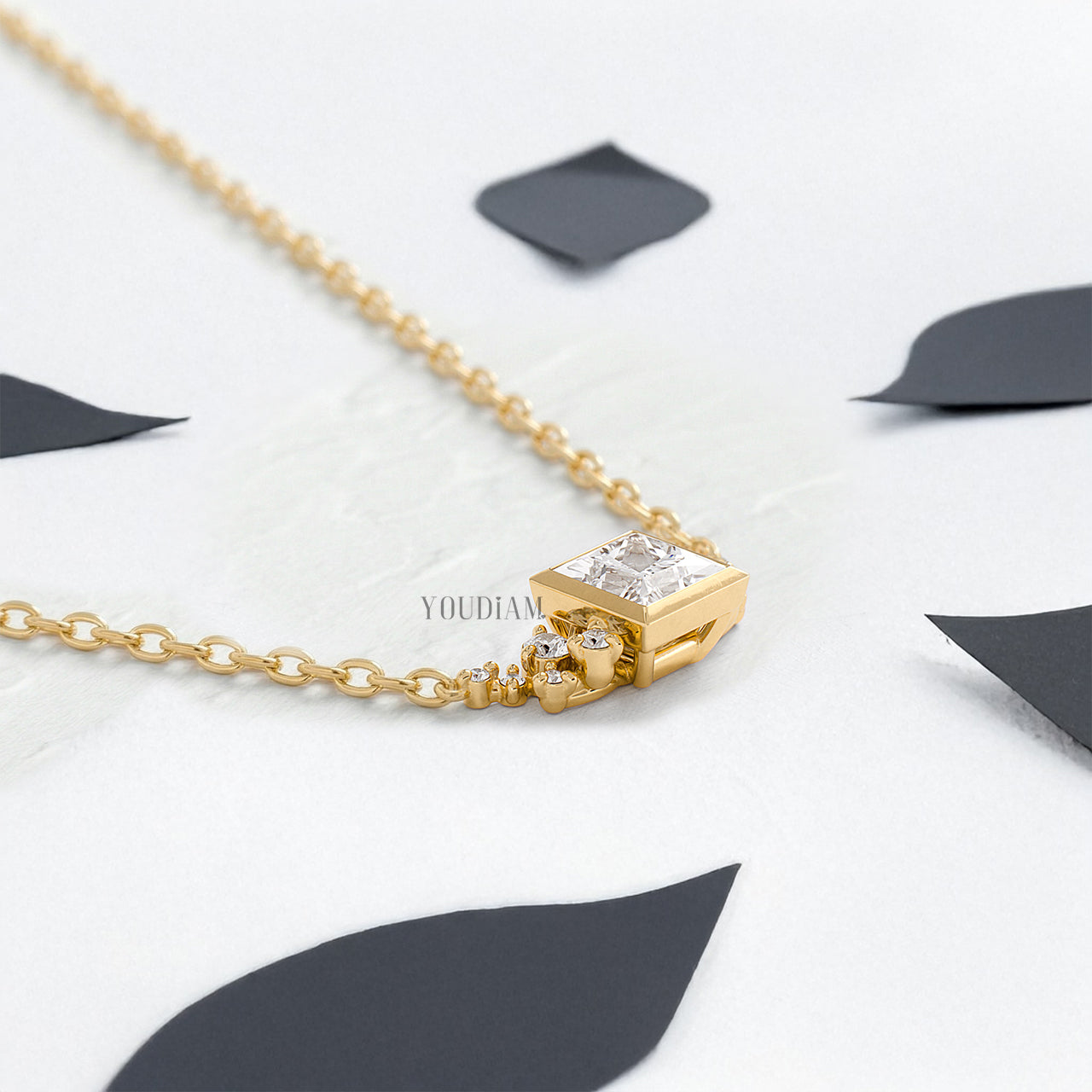 Princess Lab Diamond Pendant in Bezel Setting with Accent Diamonds and Anchor Chain - YDJLP41