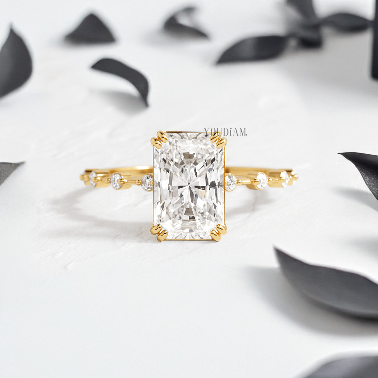 Radiant Lab Diamond in Double-Prongs and Distance Diamonds on Band Ring - YDJLR146