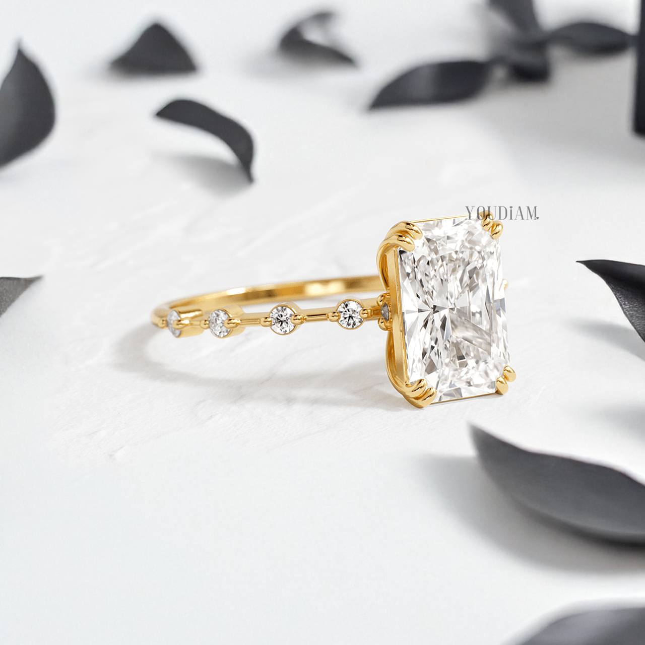 Radiant Lab Diamond in Double-Prongs and Distance Diamonds on Band Ring - YDJLR146
