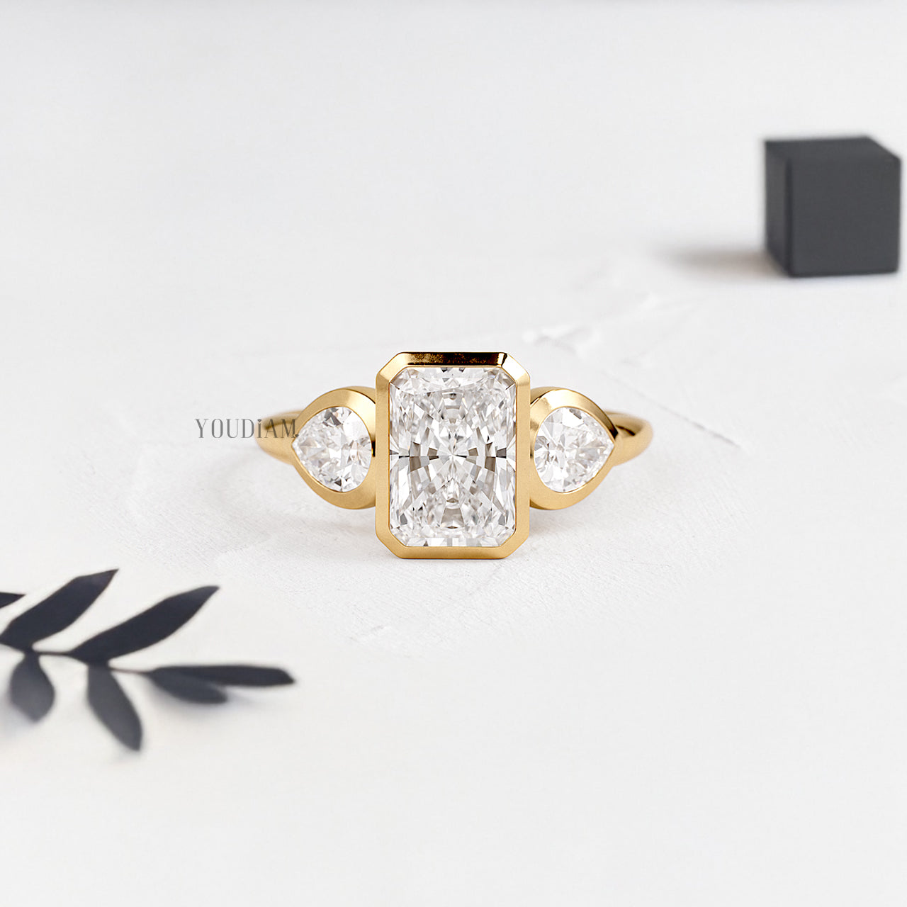 Radiant Lab Diamond with Accented Two Pears in Bezel Setting Ring - YDJLR189