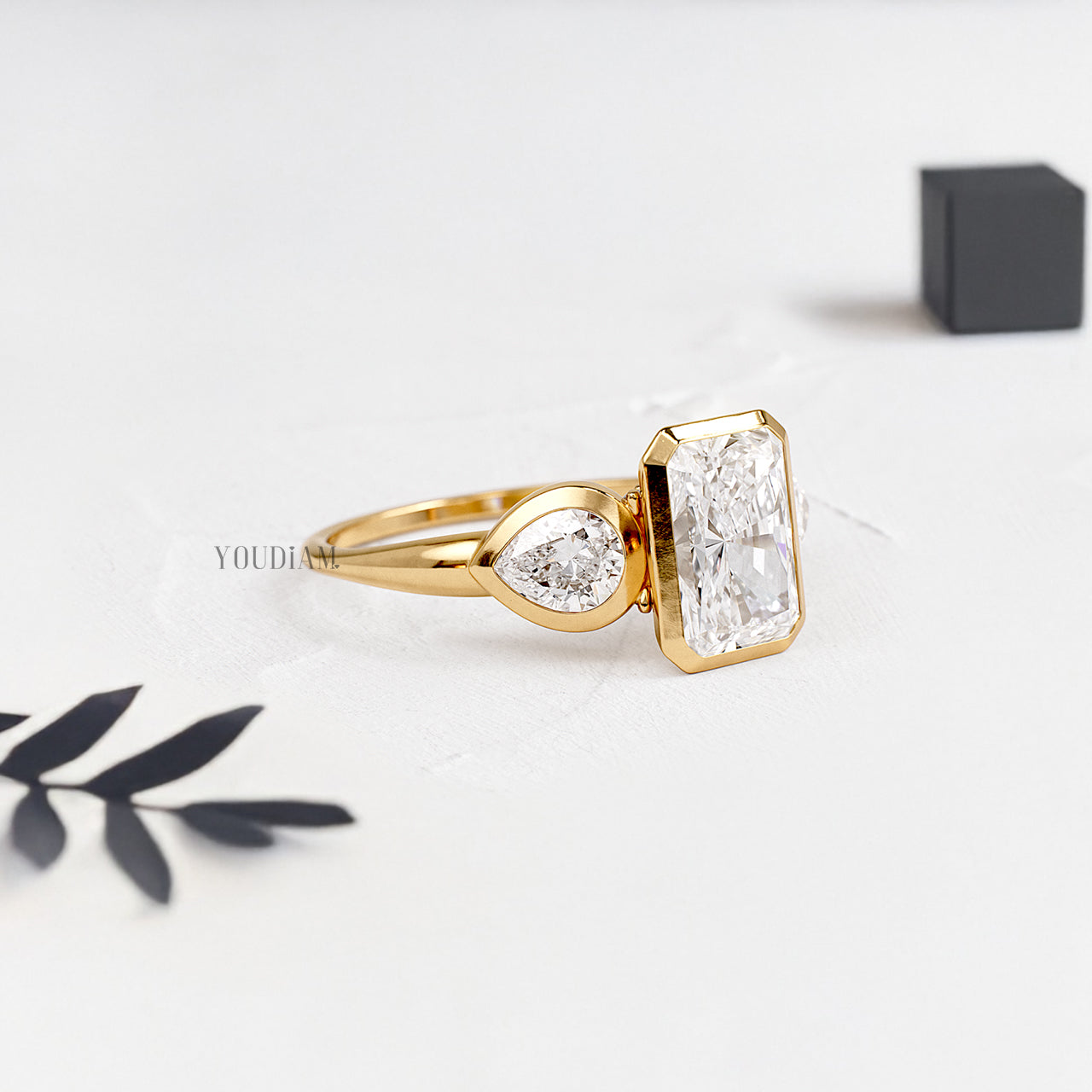 Radiant Lab Diamond with Accented Two Pears in Bezel Setting Ring - YDJLR189