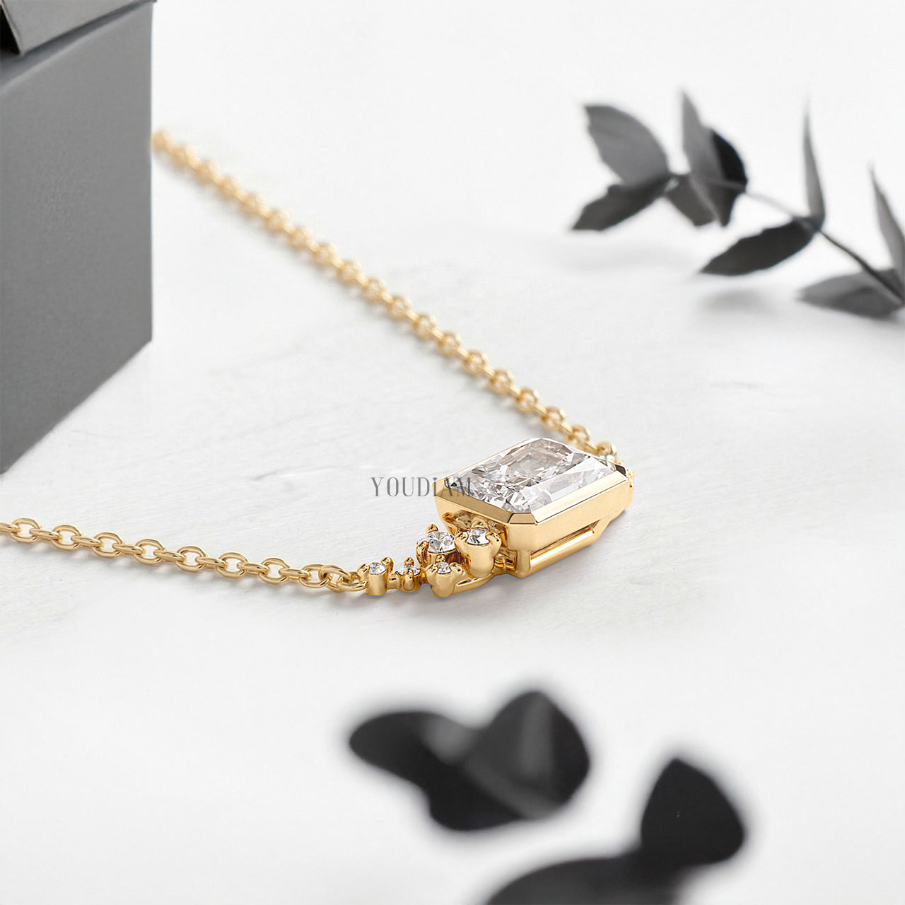 Radiant Lab Diamond Pendant in Bezel Setting with Accent Diamonds and Anchor Chain - YDJLP37