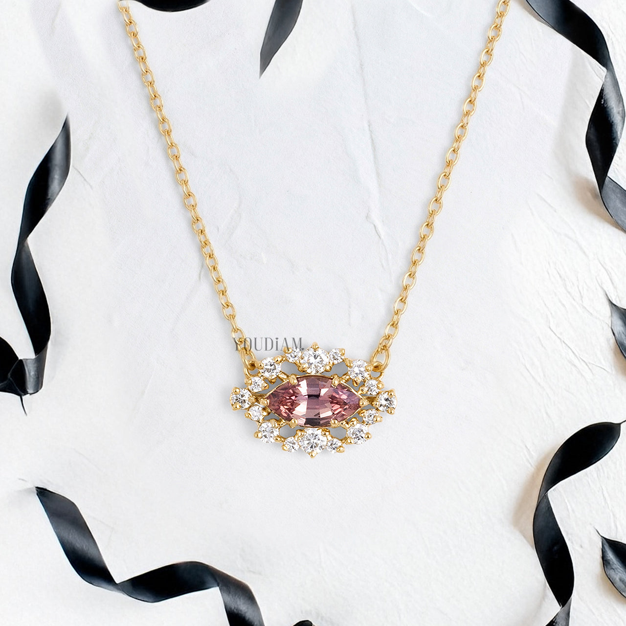 Red-Orange Marquise Cut Sapphire Pendant Accented by Halo of Lab Diamonds and Anchor Chain - YDJLP50