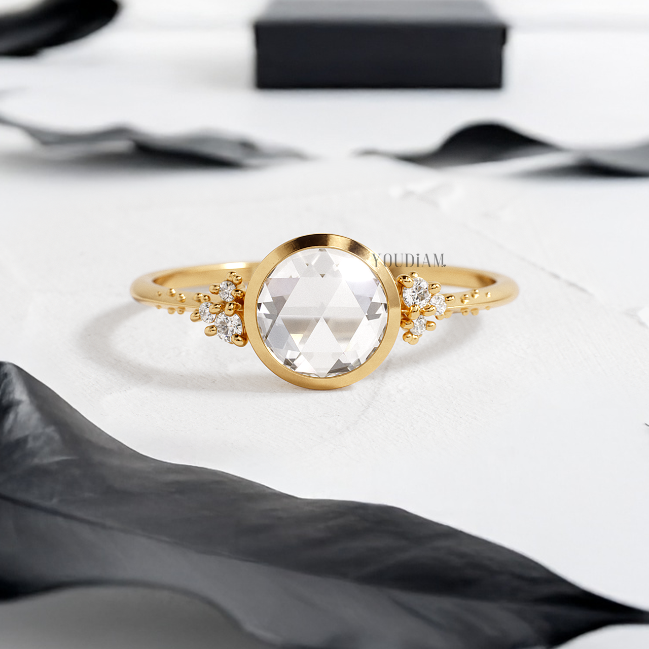 Rose Cut Round Lab Diamond in Bezel Setting with Side Diamonds on Razor Band Ring - YDJLR156