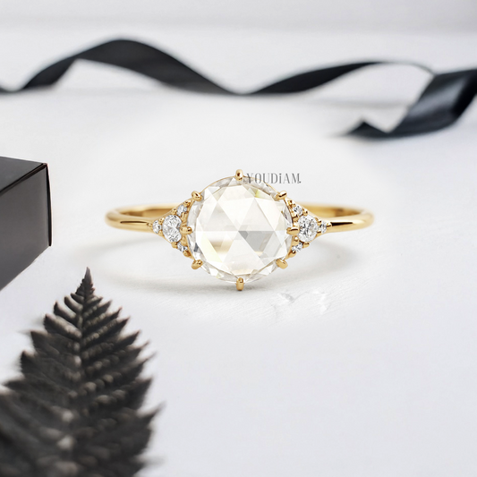 Rose Cut Round Lab Diamond in Closed Basket with Eight Prongs Ring - YDJLR134