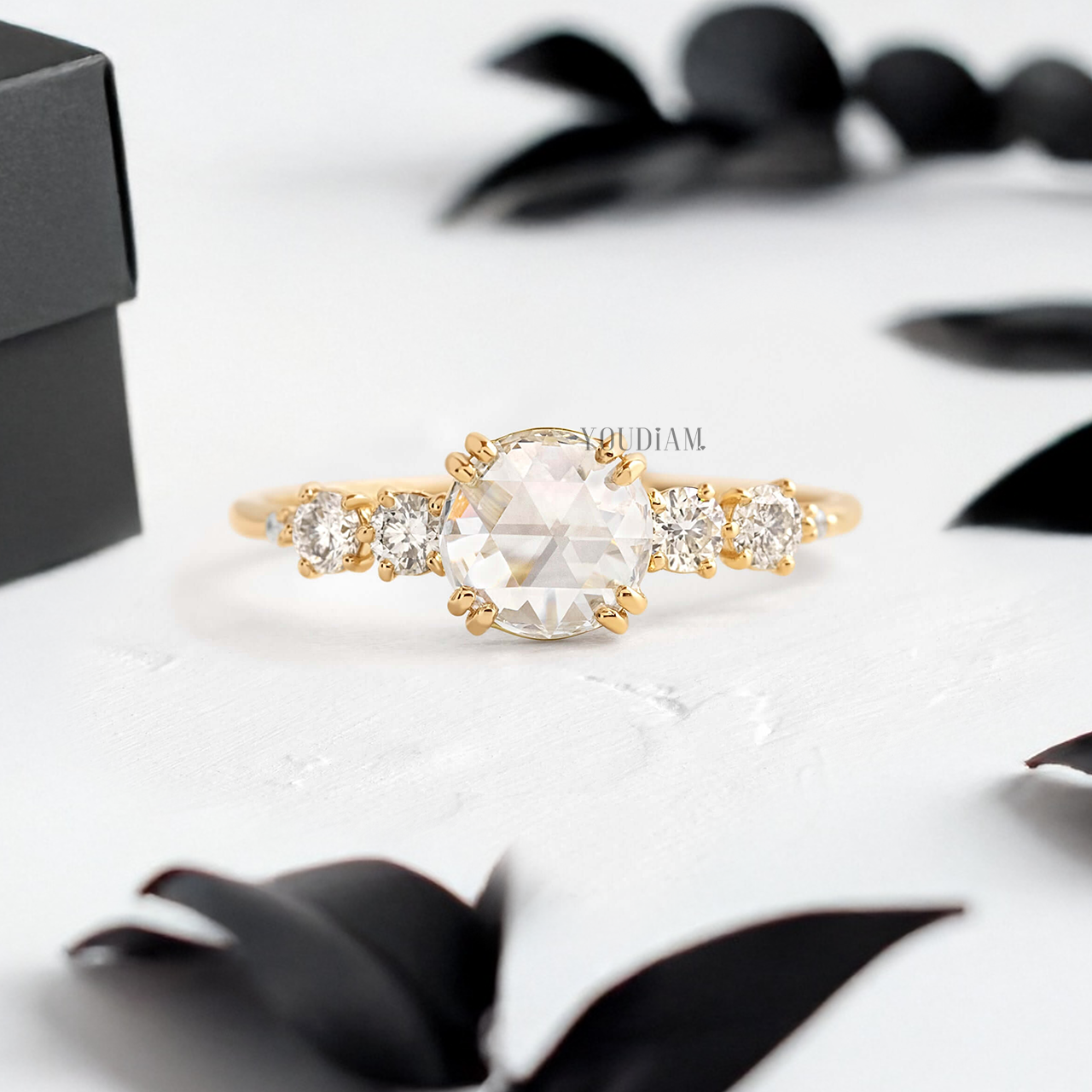 Rose Cut Round Lab Diamond in Four-Double Prongs with Accented Diamonds Ring - YDJLR131