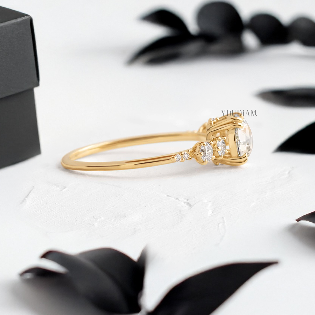 Rose Cut Round Lab Diamond in Four-Double Prongs with Accented Diamonds Ring - YDJLR131