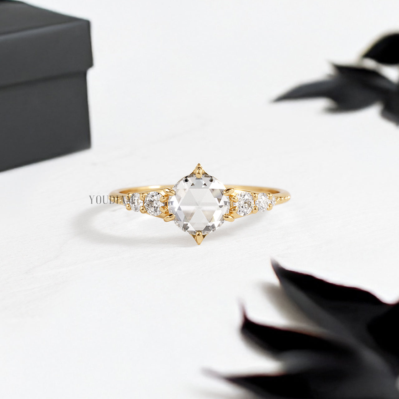 Rose Cut Round Lab Diamond in Low Profile Setting with Side Diamonds Ring - YDJLR187