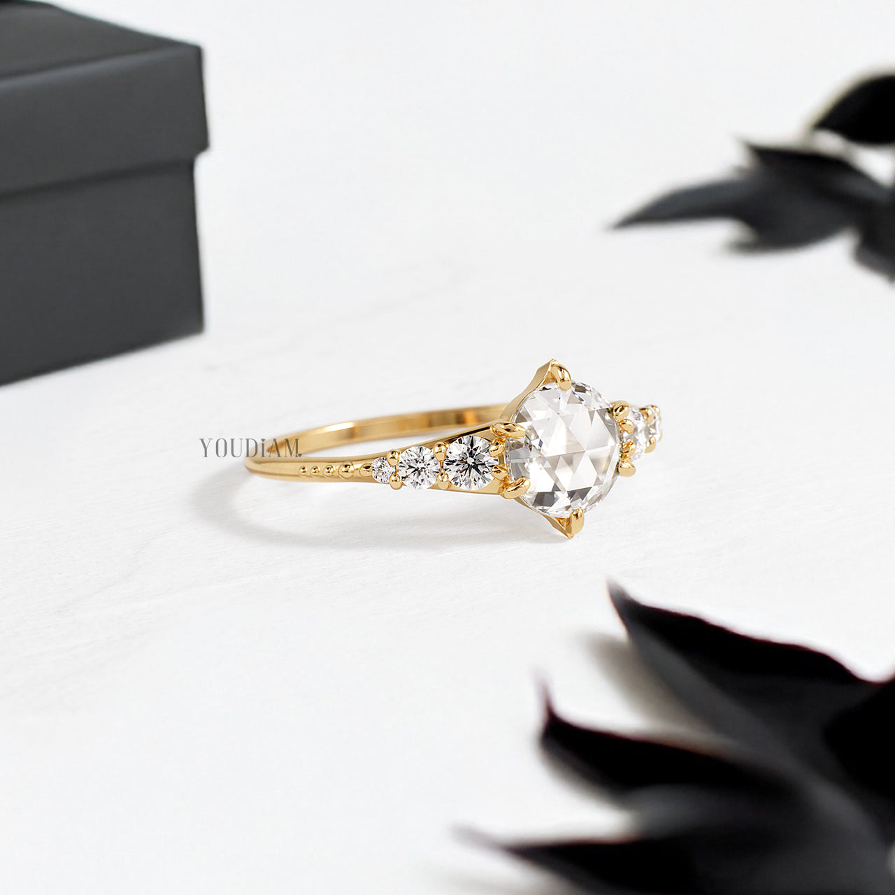 Rose Cut Round Lab Diamond in Low Profile Setting with Side Diamonds Ring - YDJLR187