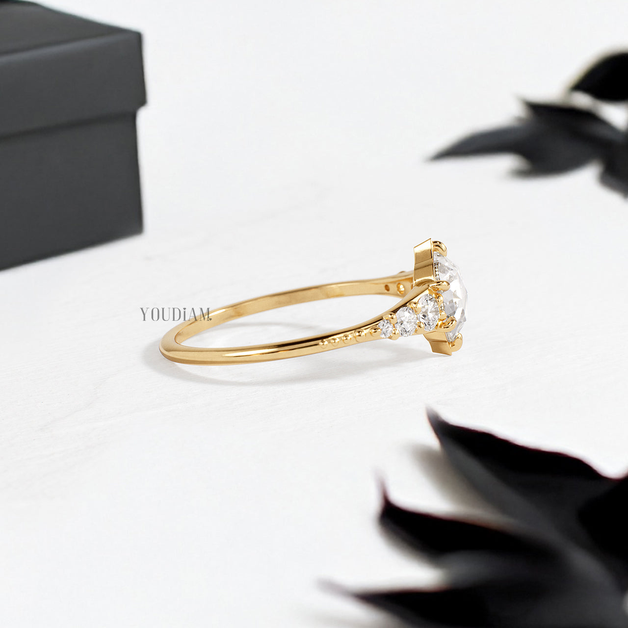 Rose Cut Round Lab Diamond in Low Profile Setting with Side Diamonds Ring - YDJLR187