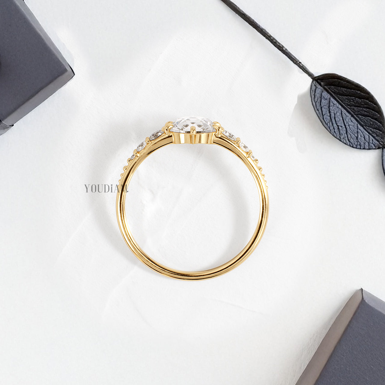Rose Cut Round Lab Diamond in Low Profile Setting with Side Diamonds Ring - YDJLR187