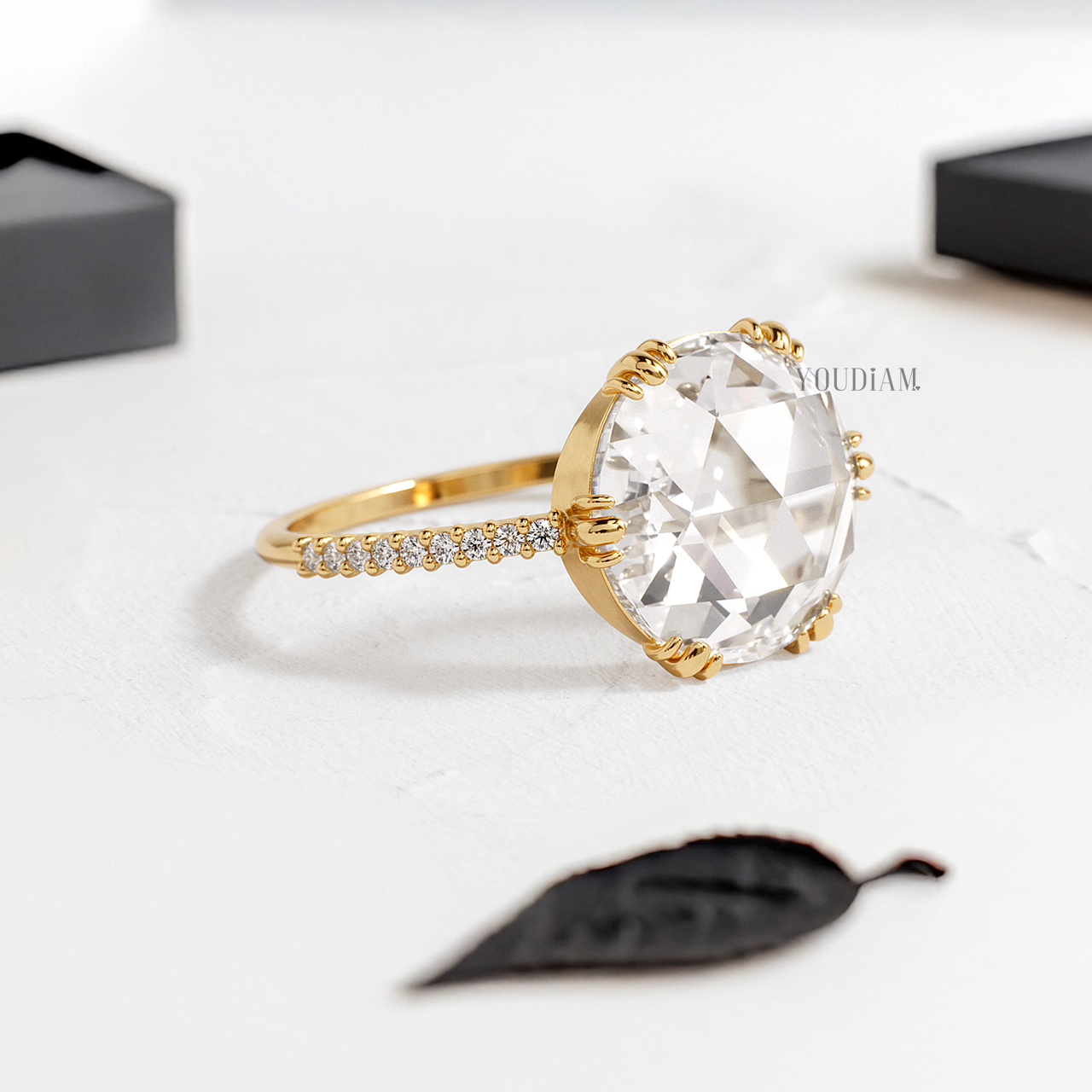 Rose Cut Round Lab Diamond in Six-Trio Prongs with Pave Band Ring - YDJLR157