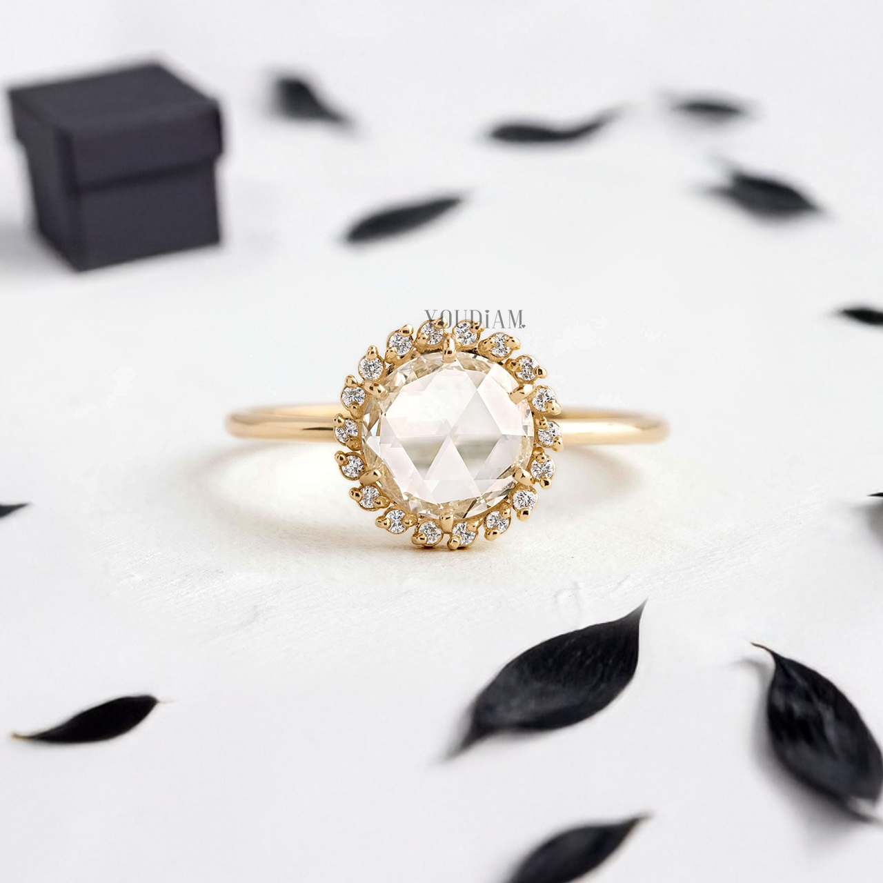 Rose Cut Round Lab Diamond in Six Prongs with Accented Halo Diamonds Ring - YDJLR132