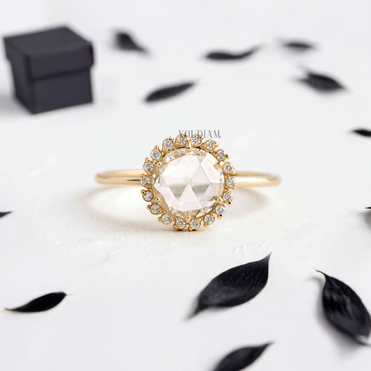 Rose Cut Round Lab Diamond in Six Prongs with Accented Halo Diamonds Ring - YDJLR132